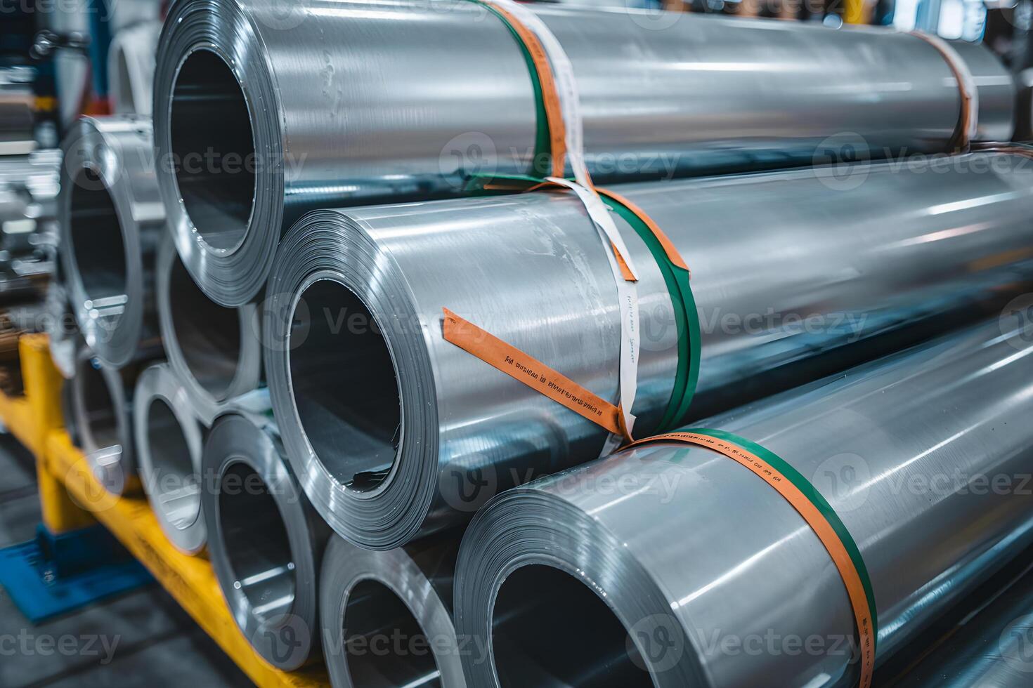 Steel rolls stacked in warehouse, storing metal sheets for manufacturing photo
