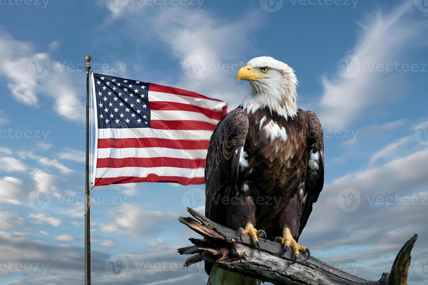 Majestic bald eagle perched near american flag, a symbol of freedom and national pride photo