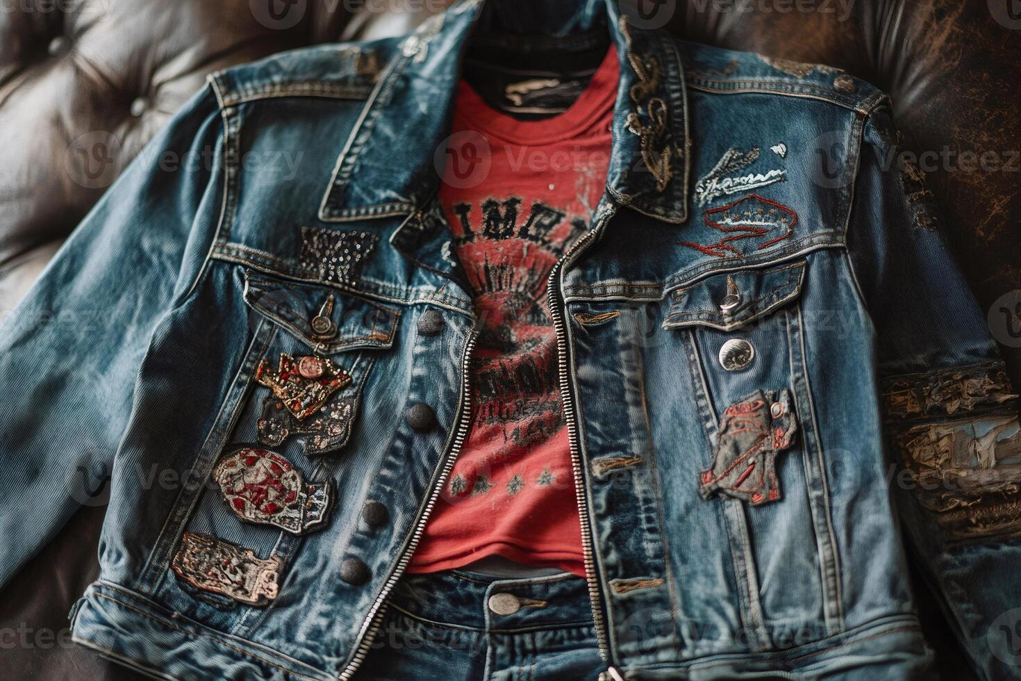Denim jacket with patches and red t shirt displaying youthful fashion trends photo