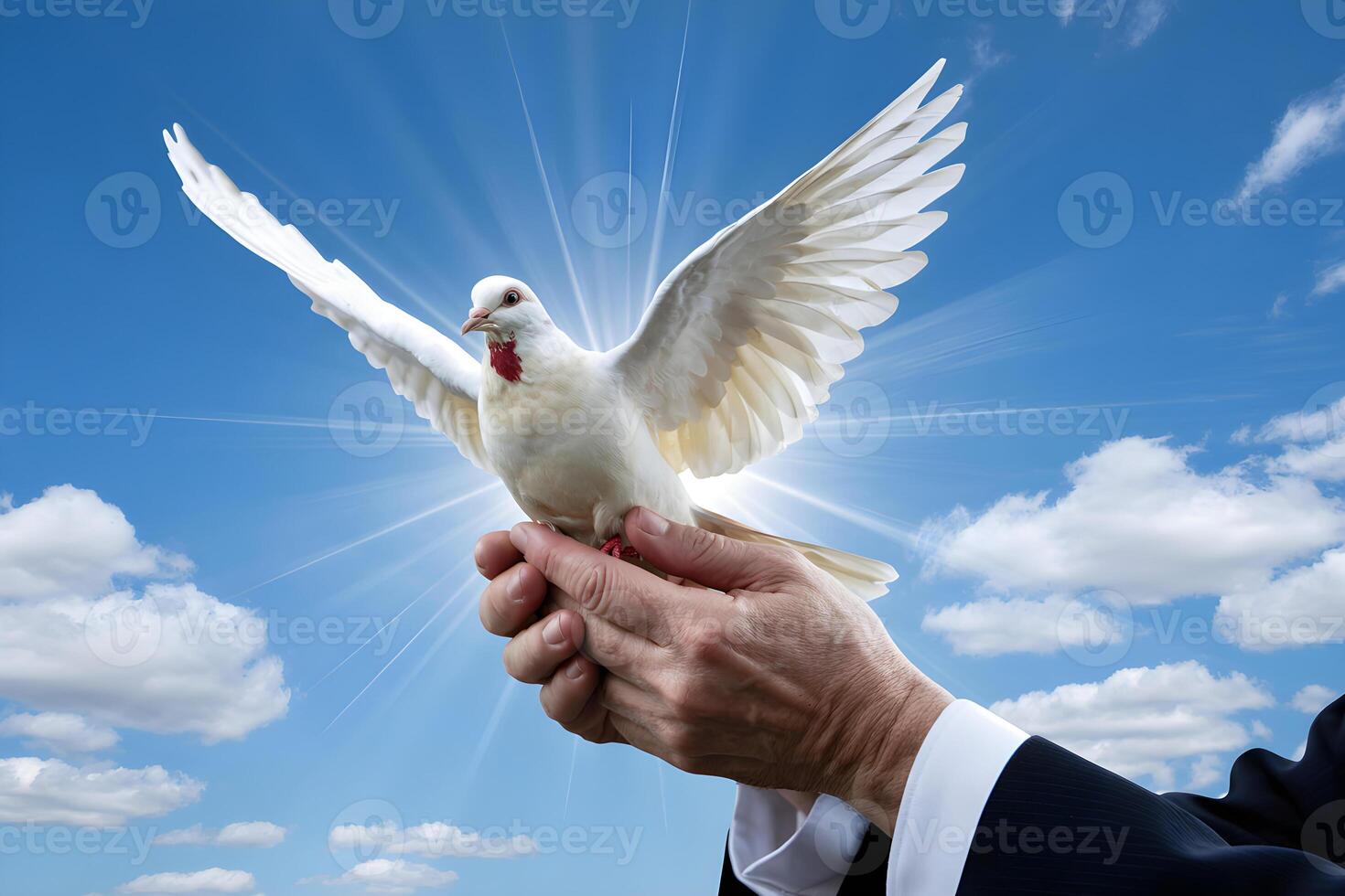 Businessman releasing white dove into cloudy sky as symbol of peace photo
