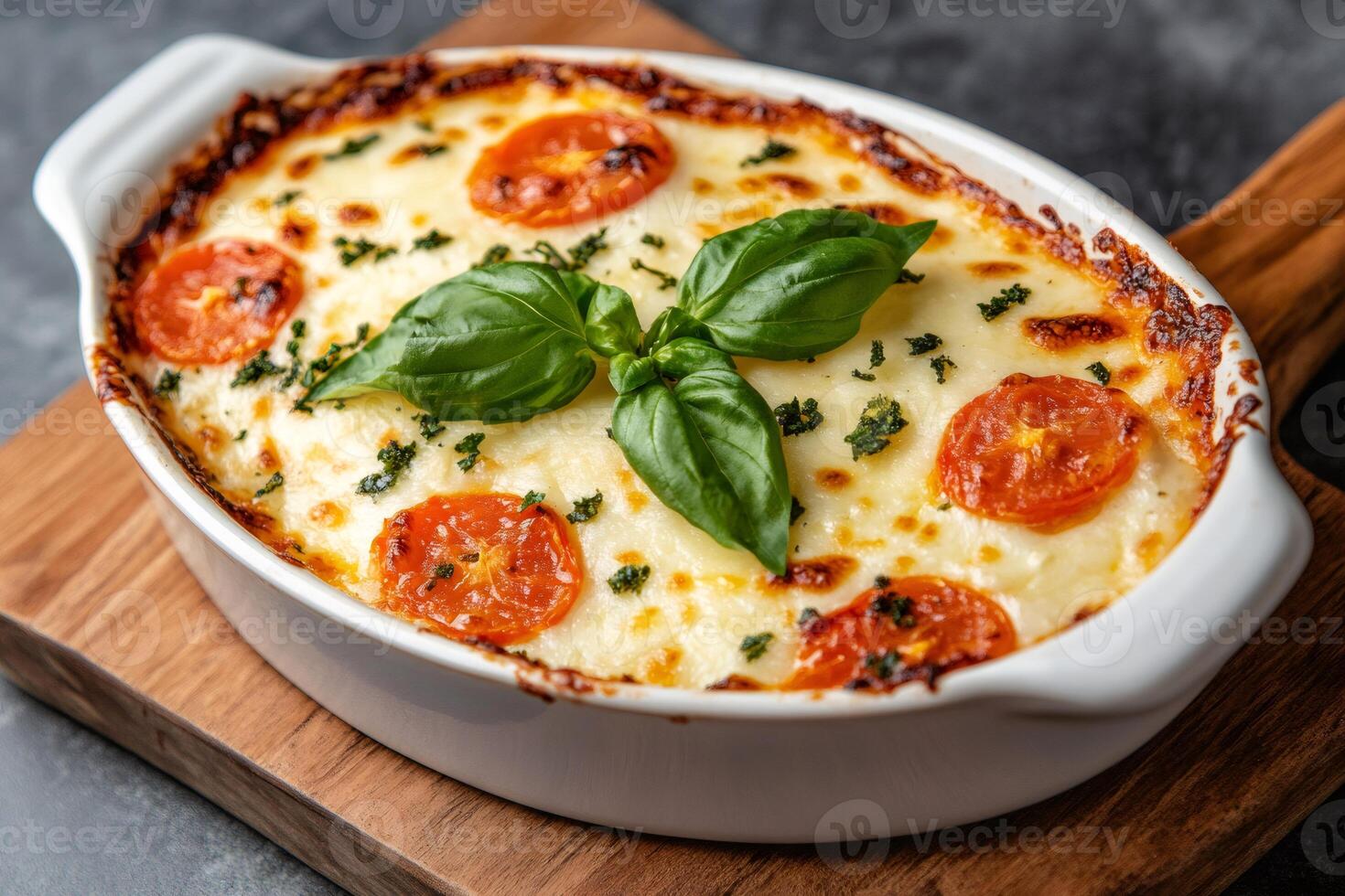 Delicious potato gratin with cherry tomatoes and basil enjoying a rustic presentation photo