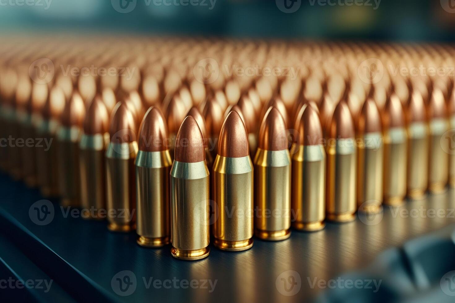 Rows of 9mm bullets filling the frame, emphasizing danger and military power photo