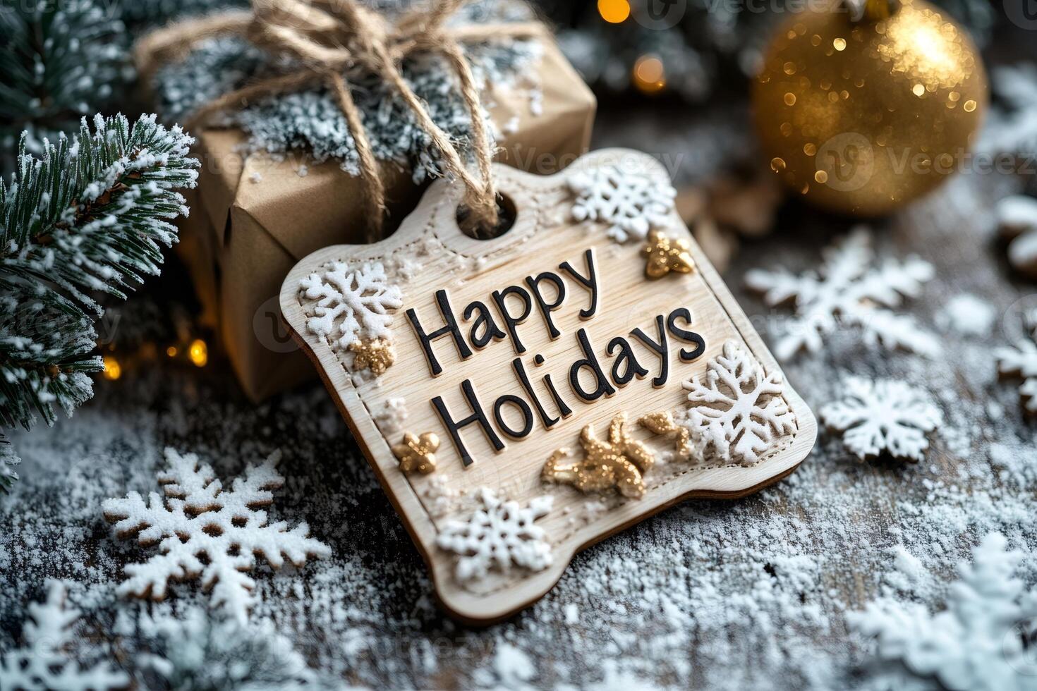Happy holidays greeting card with christmas gift, bauble, and snowy fir tree branch photo