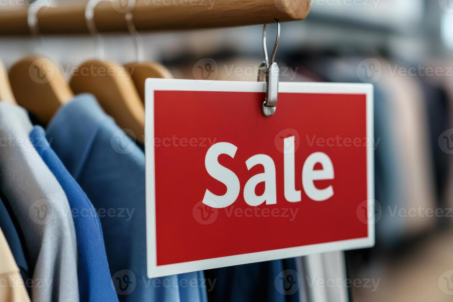 Red sale sign hanging in a clothing store displaying discounts.. photo