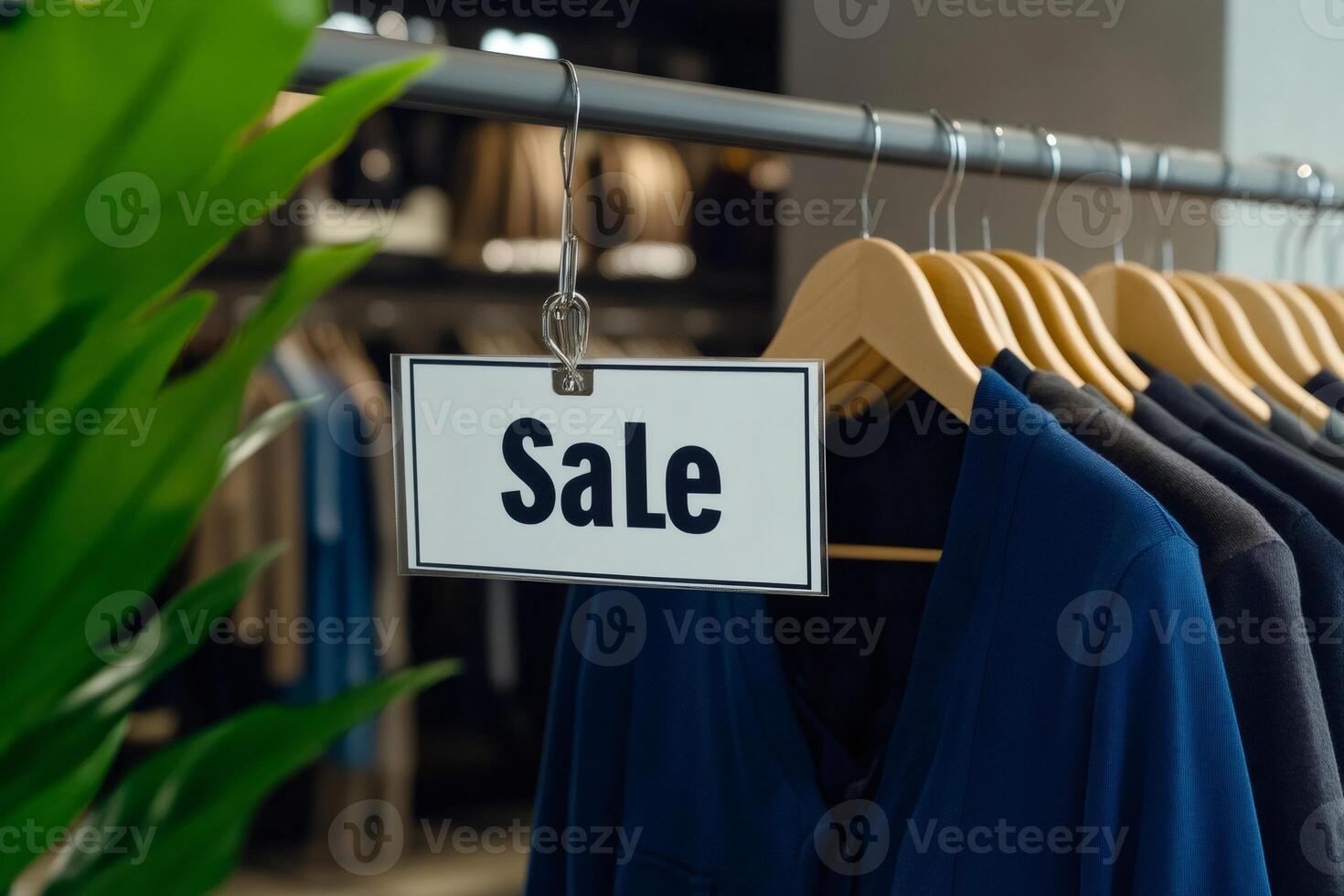 Sale sign hanging in clothing store displaying discounted merchandise photo