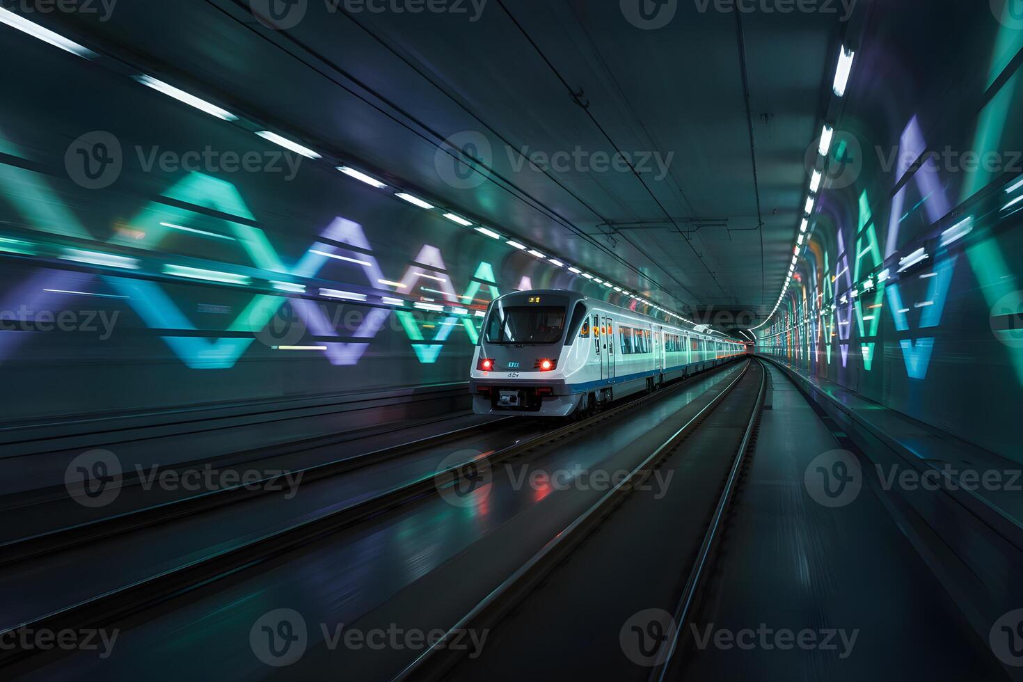 Modern train moving at high speed through futuristic tunnel with light trails photo