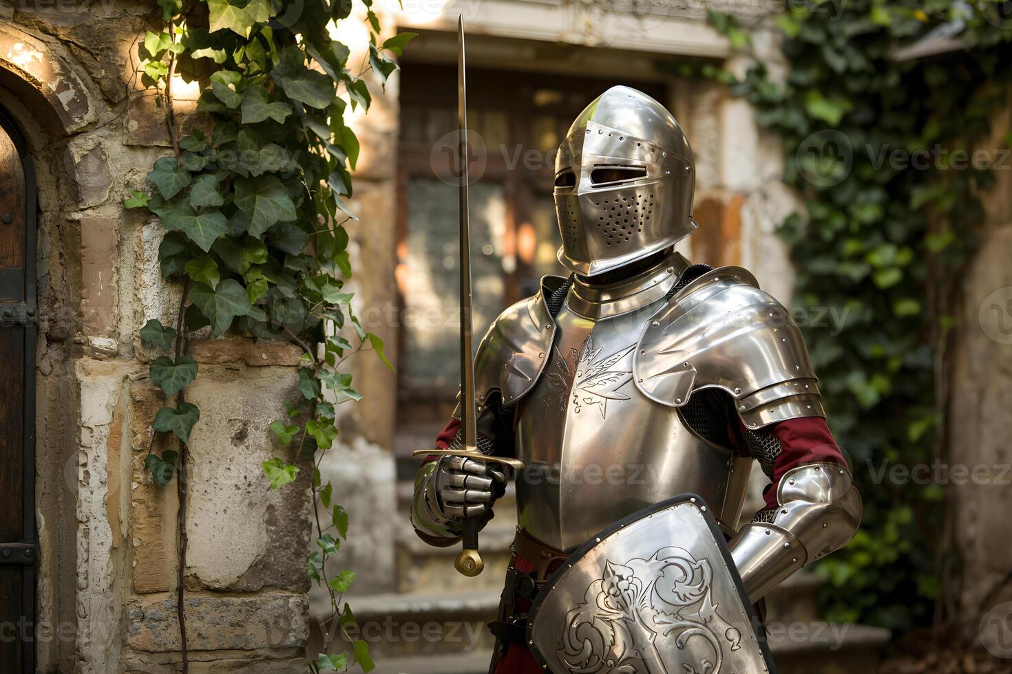 Medieval knight wearing full plate armor holding sword and shield photo