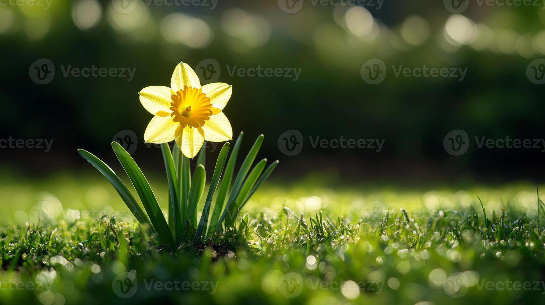 A single yellow daffodil is growing in the grass photo