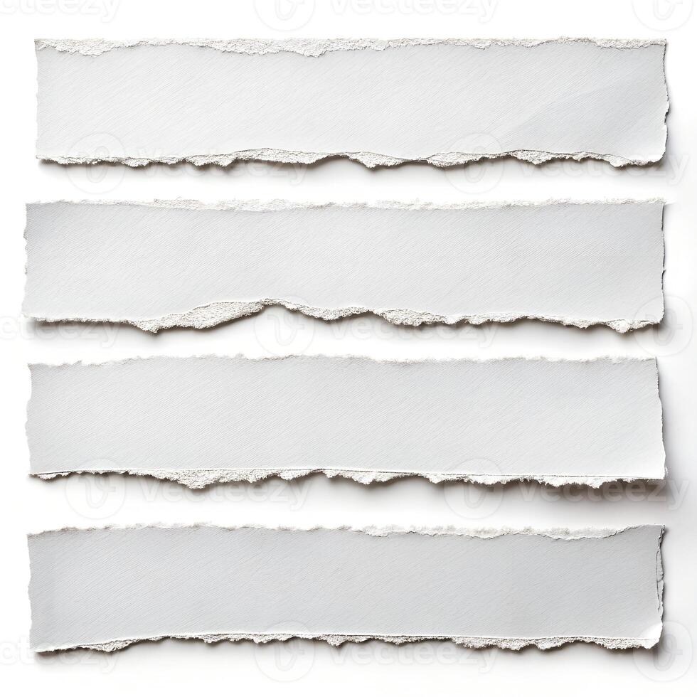 Four pieces of torn white paper arranged horizontally against a stark white background offering a textured minimalist design element perfect for scrapbooking collage or adding a photo