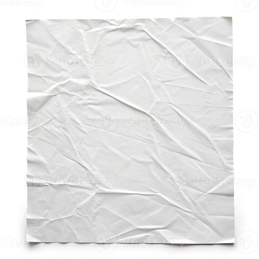 A crumpled white paper texture showcasing deep creases and folds offering a raw authentic aesthetic ideal for design backgrounds with a simple clean white backdrop photo
