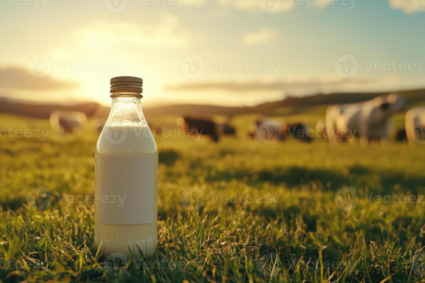 Glass bottle filled with milk stands on field with grazing cows in background photo