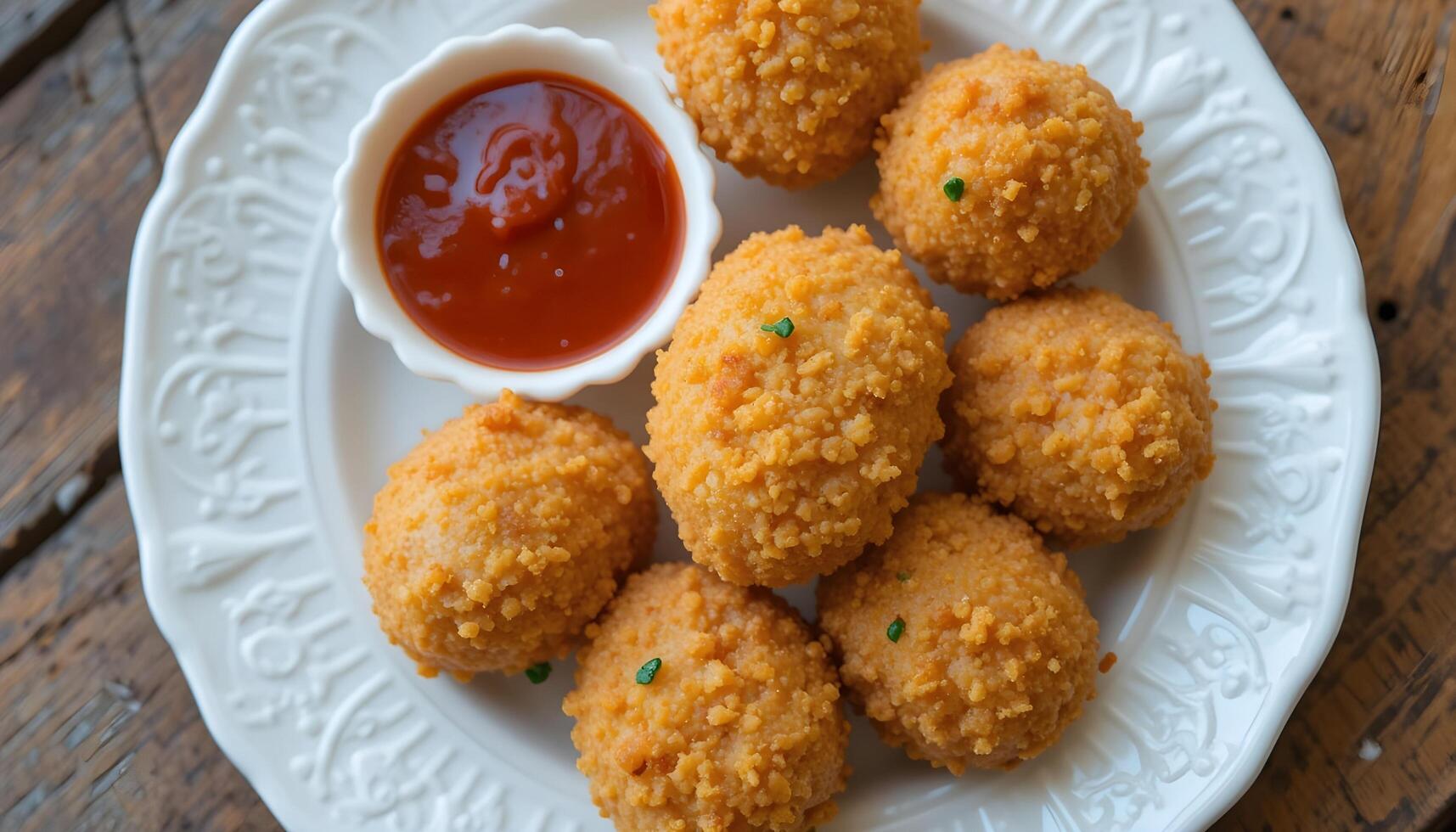 A top down view of fried potato balls with dipping sauce on a decorative white plate on wood surface photo