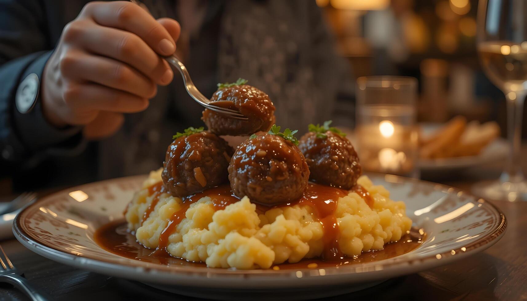 A person eating meatballs with mashed potatoes and gravy in a restaurant setting with wine glass photo