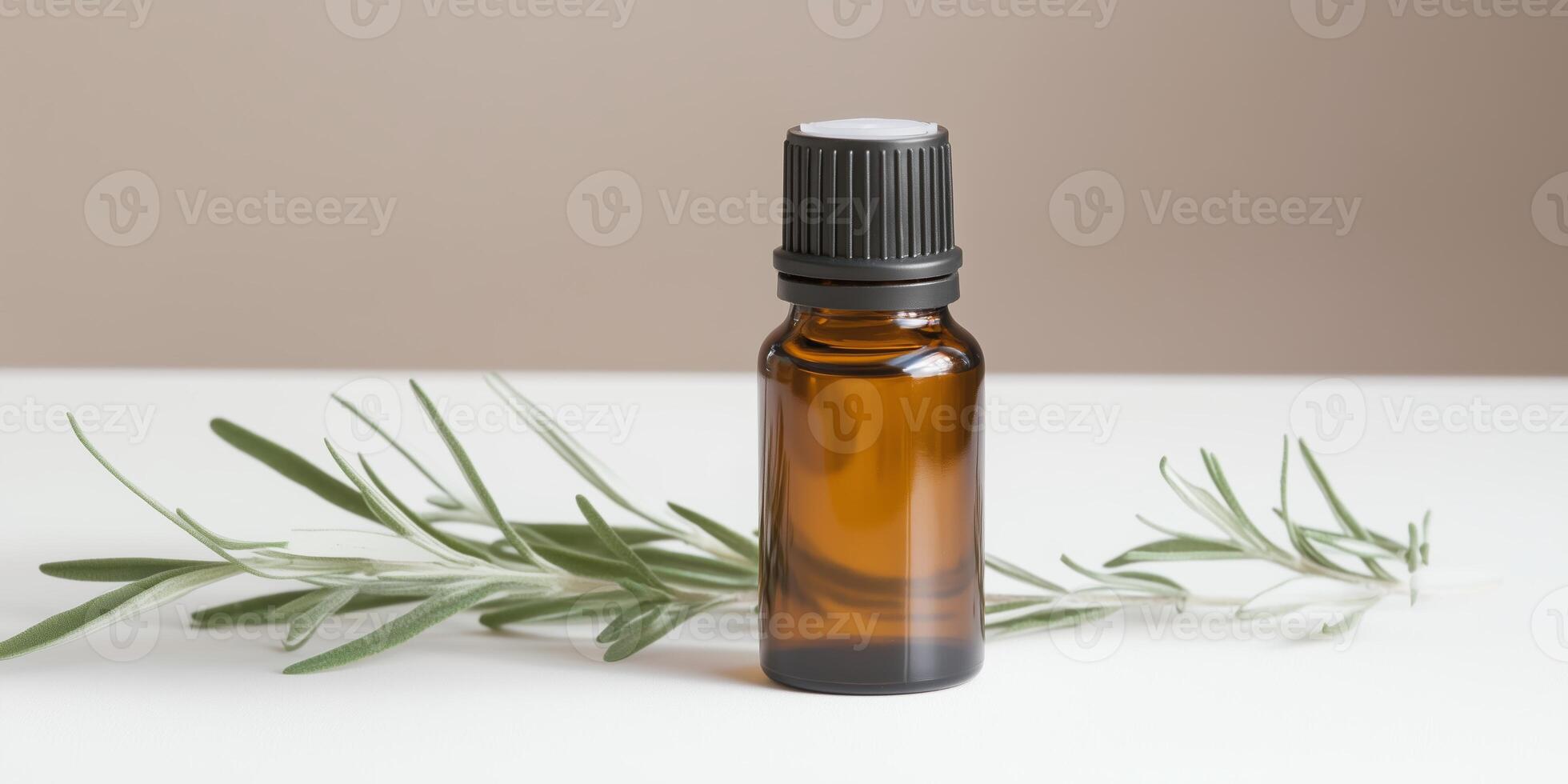 Essential oil bottle placed beside fresh herbs on a smooth surface in a serene indoor setting photo