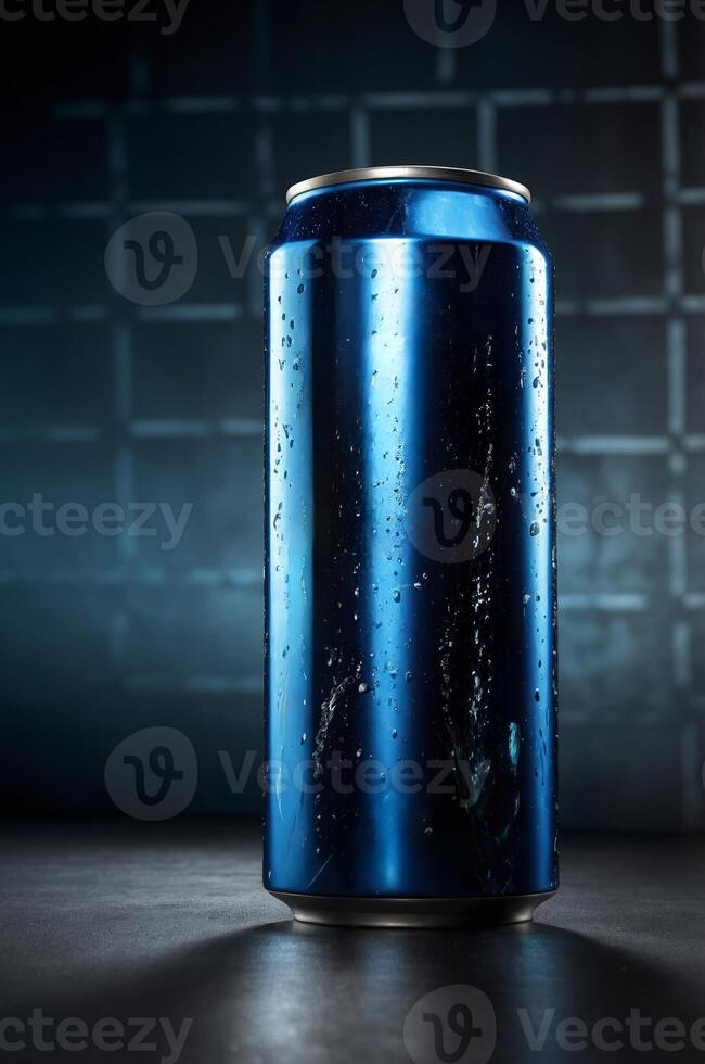 Shiny blue soda can with water droplets against a dark, textured background illuminated by soft light photo
