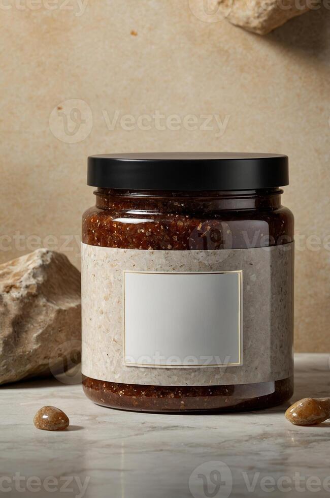 Natural jar of scrub with a plain label set on a textured surface with decorative stones, showcasing a minimalist aesthetic photo
