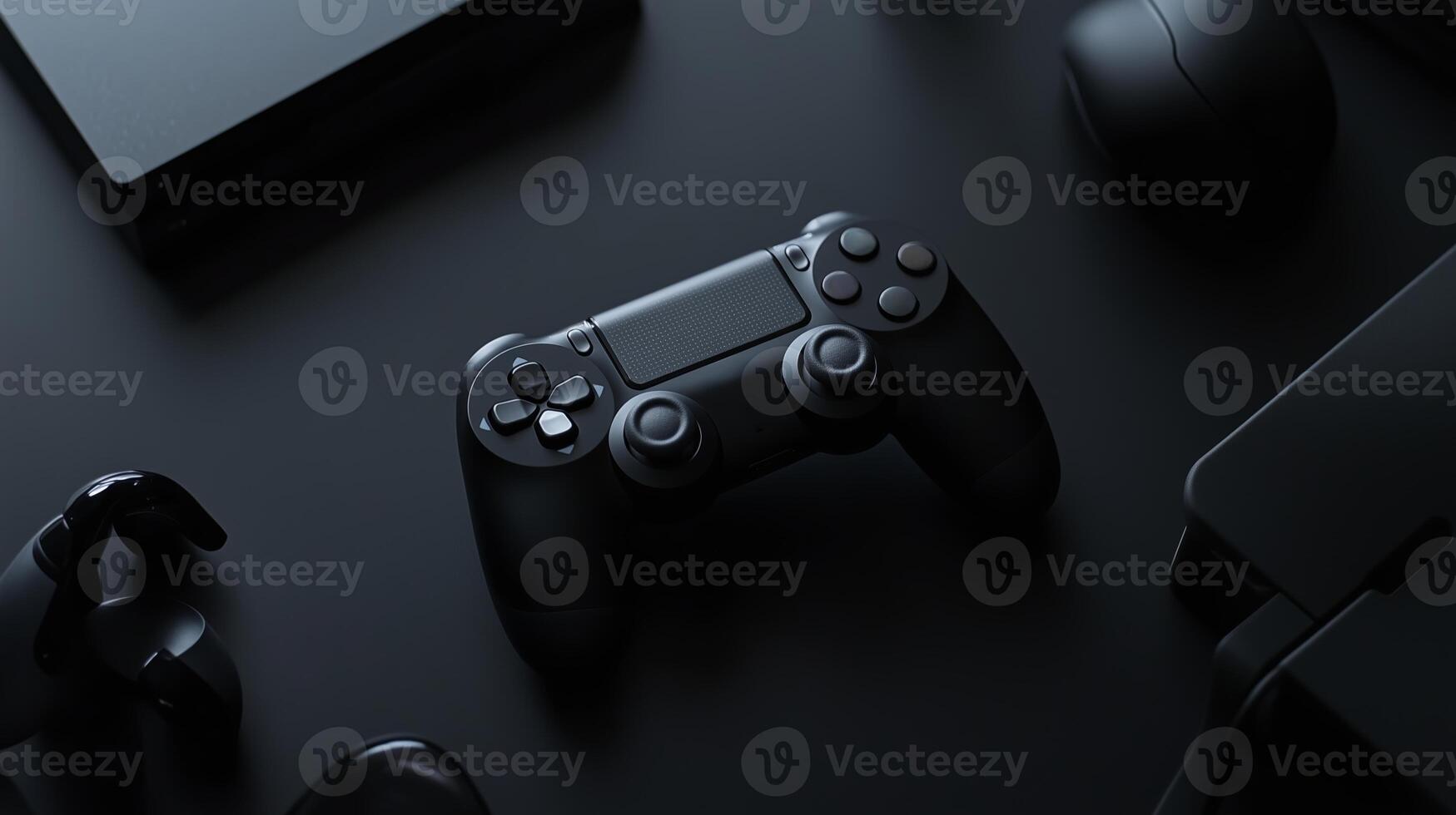 Gaming setup featuring a black controller, console, and accessories in a dimly lit environment photo