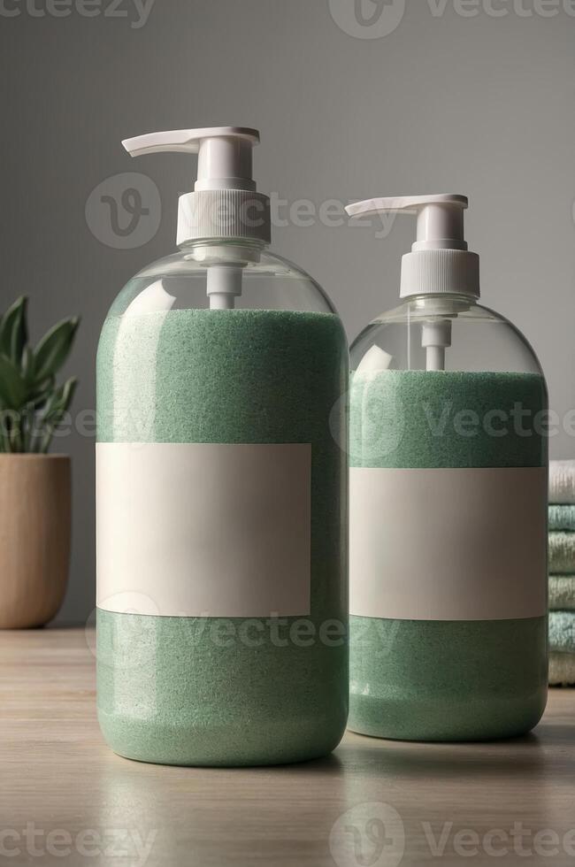 Elegant bathroom setting with two stylish green liquid soap dispensers on a wooden countertop photo