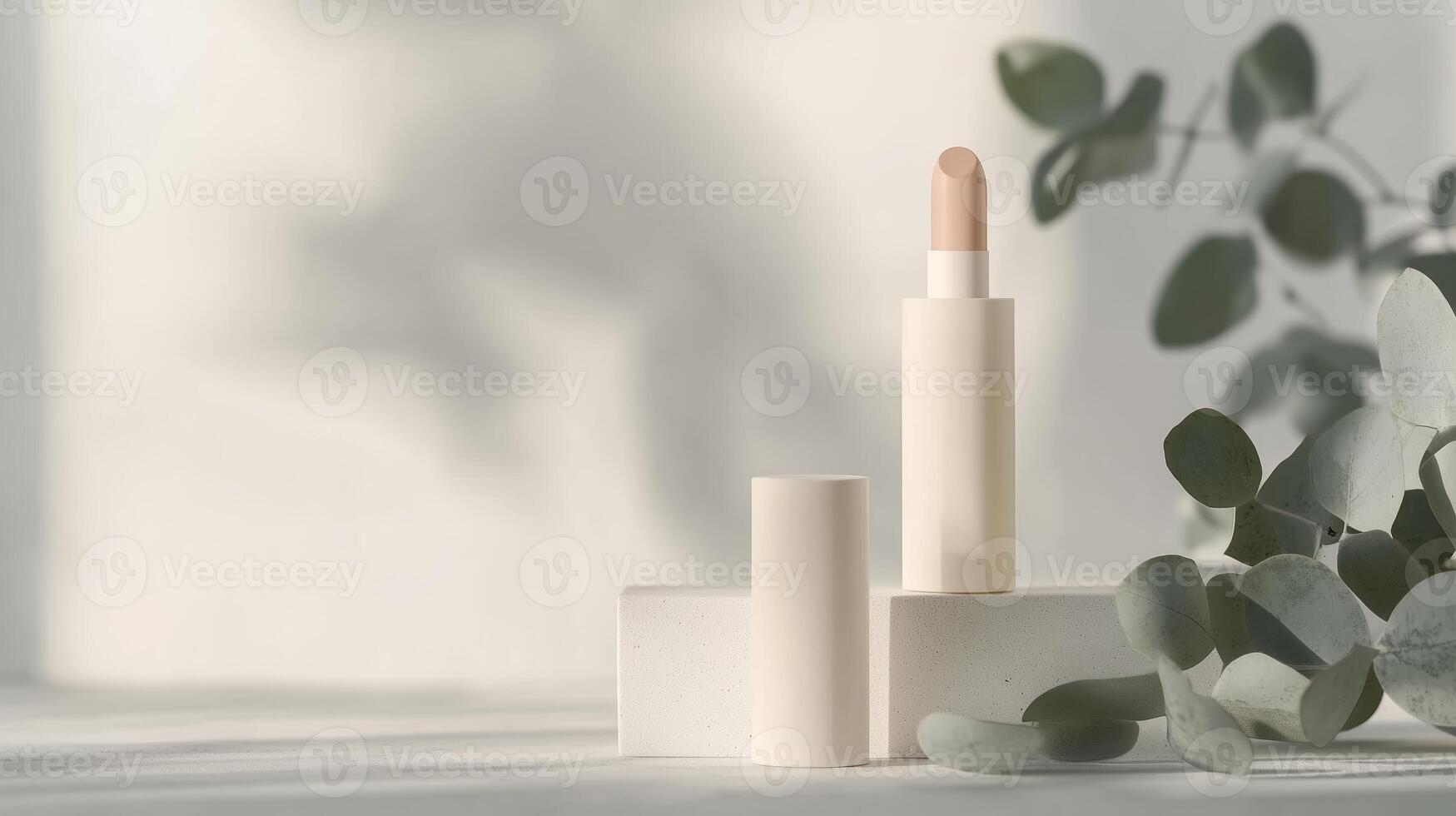 Stylish and minimalistic lip product displayed alongside greenery in soft natural light photo