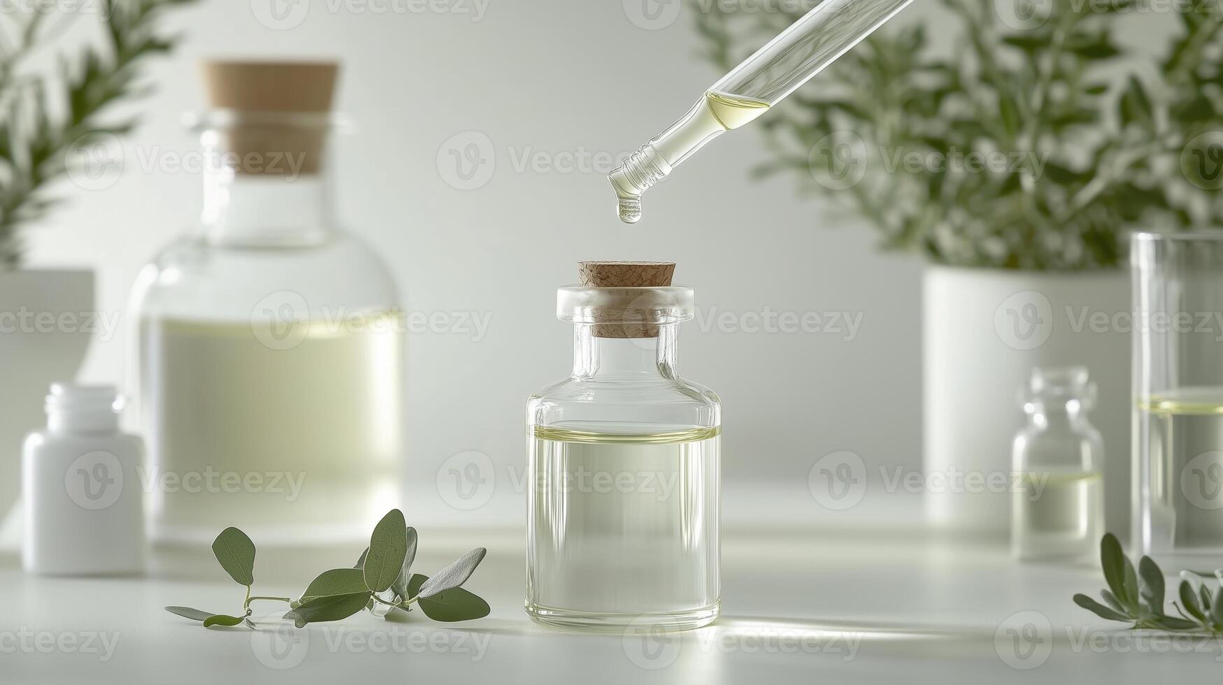Glass bottles with essential oils and a dropper in a serene, natural setting photo