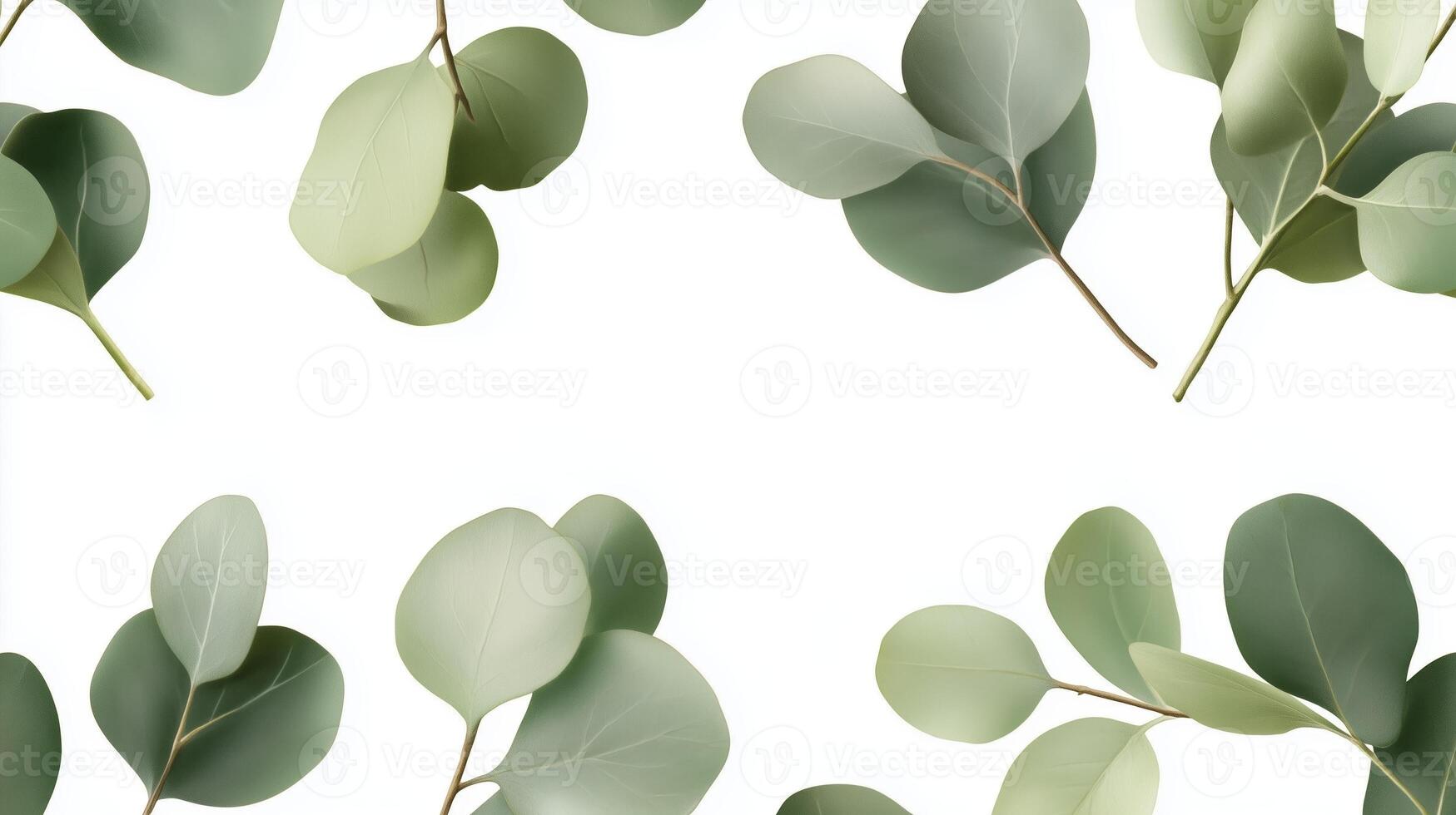 Green eucalyptus leaves scattered on a clean white background for natural decor or design projects photo