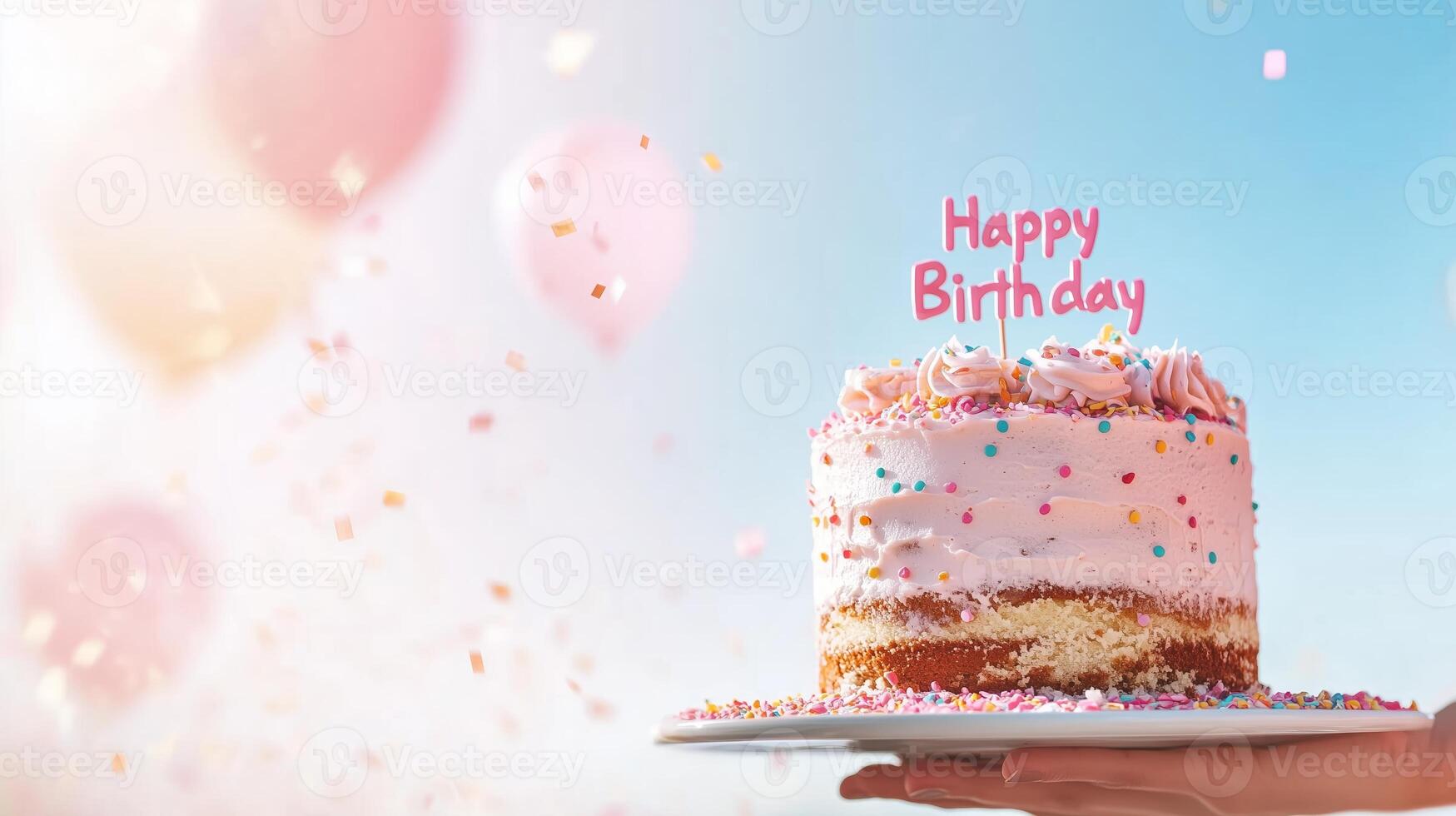 Birthday cake adorned with colorful sprinkles and a cheerful message in bright outdoor setting during a joyful celebration photo