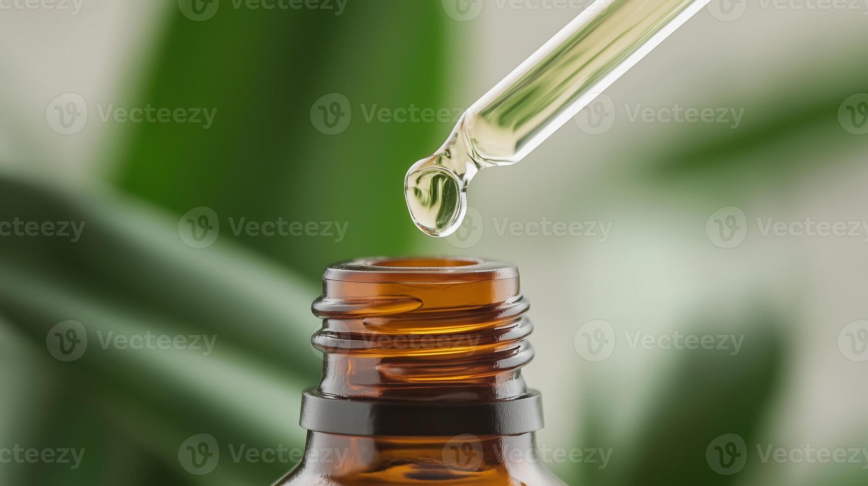 Close-up of a dropper extracting liquid from a brown bottle against a green background in a well-lit setting photo