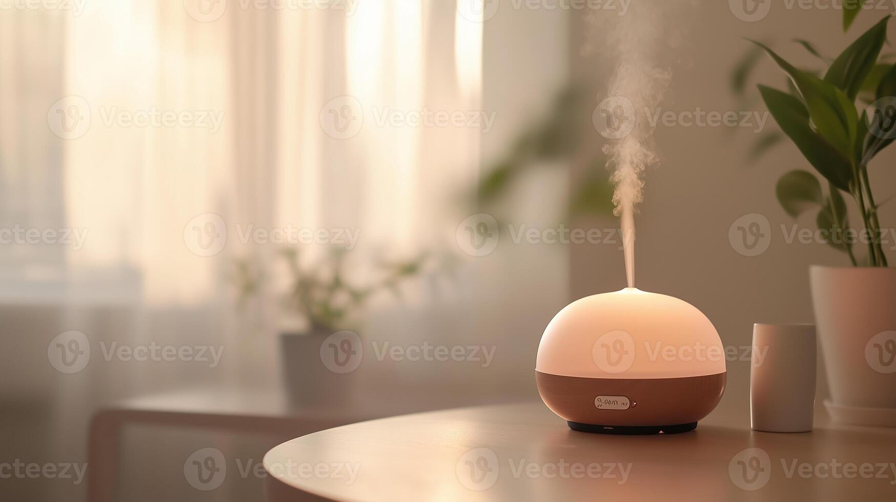 Decorative diffuser emitting aromatic mist in a cozy living room with soft sunlight filtering through sheer curtains photo
