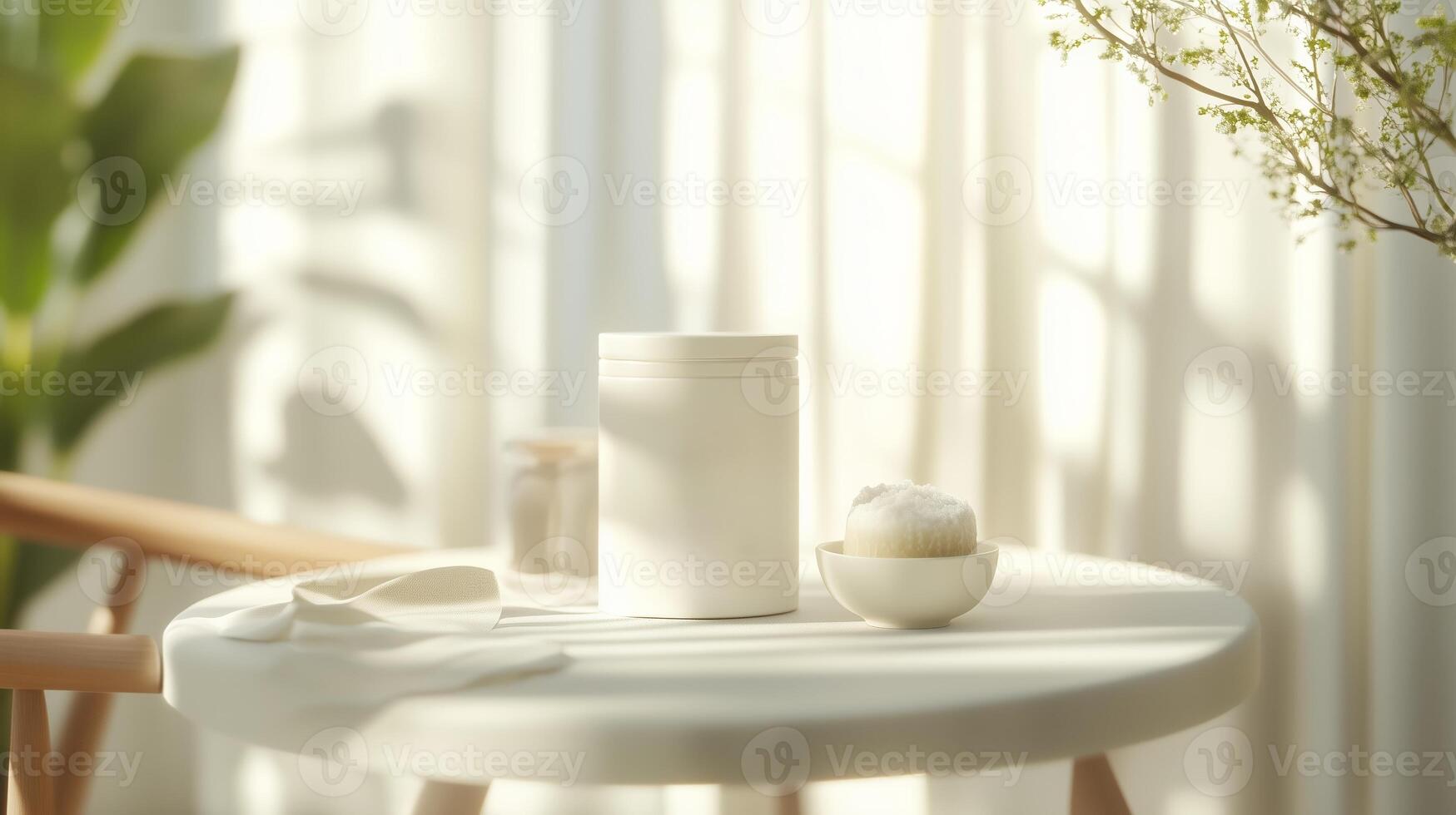 Natural light illuminates a serene setting with a white container on a minimalist table surrounded by greenery and textures photo