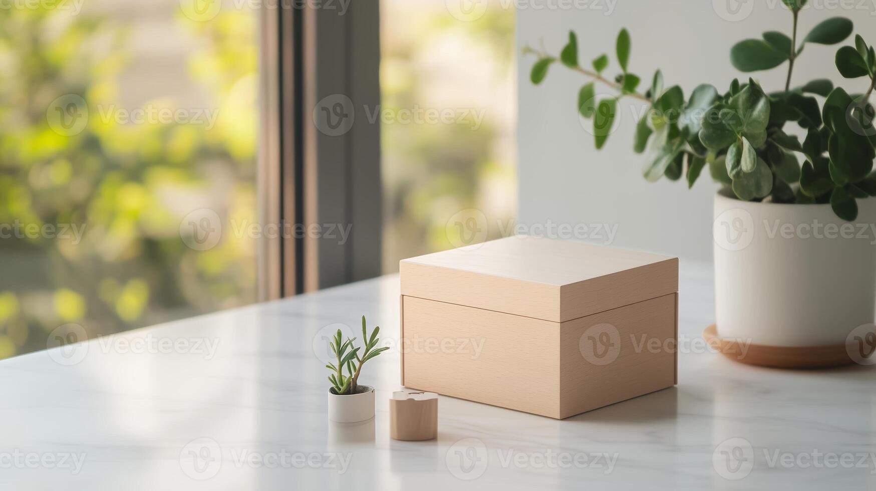 Elegant gift box and small plant on a bright window sill with soft natural light photo