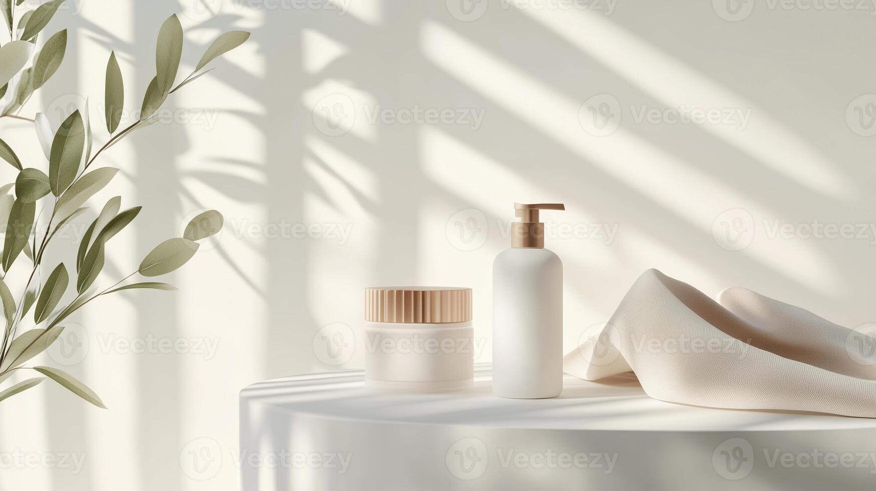 Elegant display of skincare products on a white table with soothing natural light and subtle shadows photo