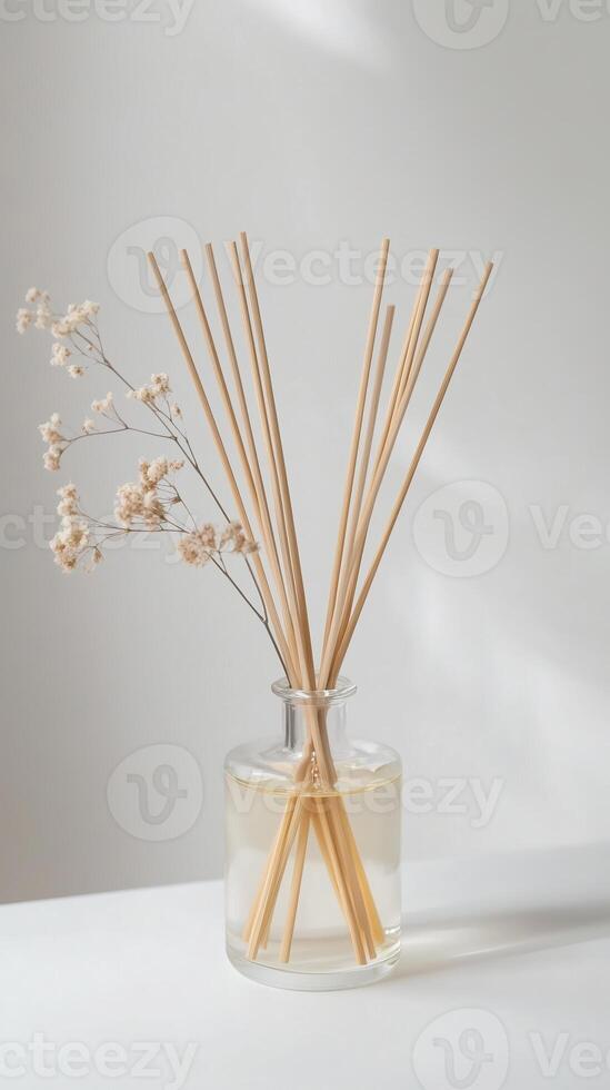 Decorative diffuser with reeds and dried flowers on a table in a minimalist setting photo
