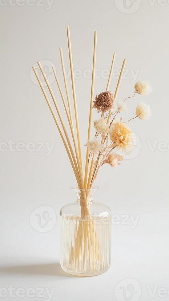 Dried flowers in a clear glass vase with natural reed sticks for home decor on a neutral background photo