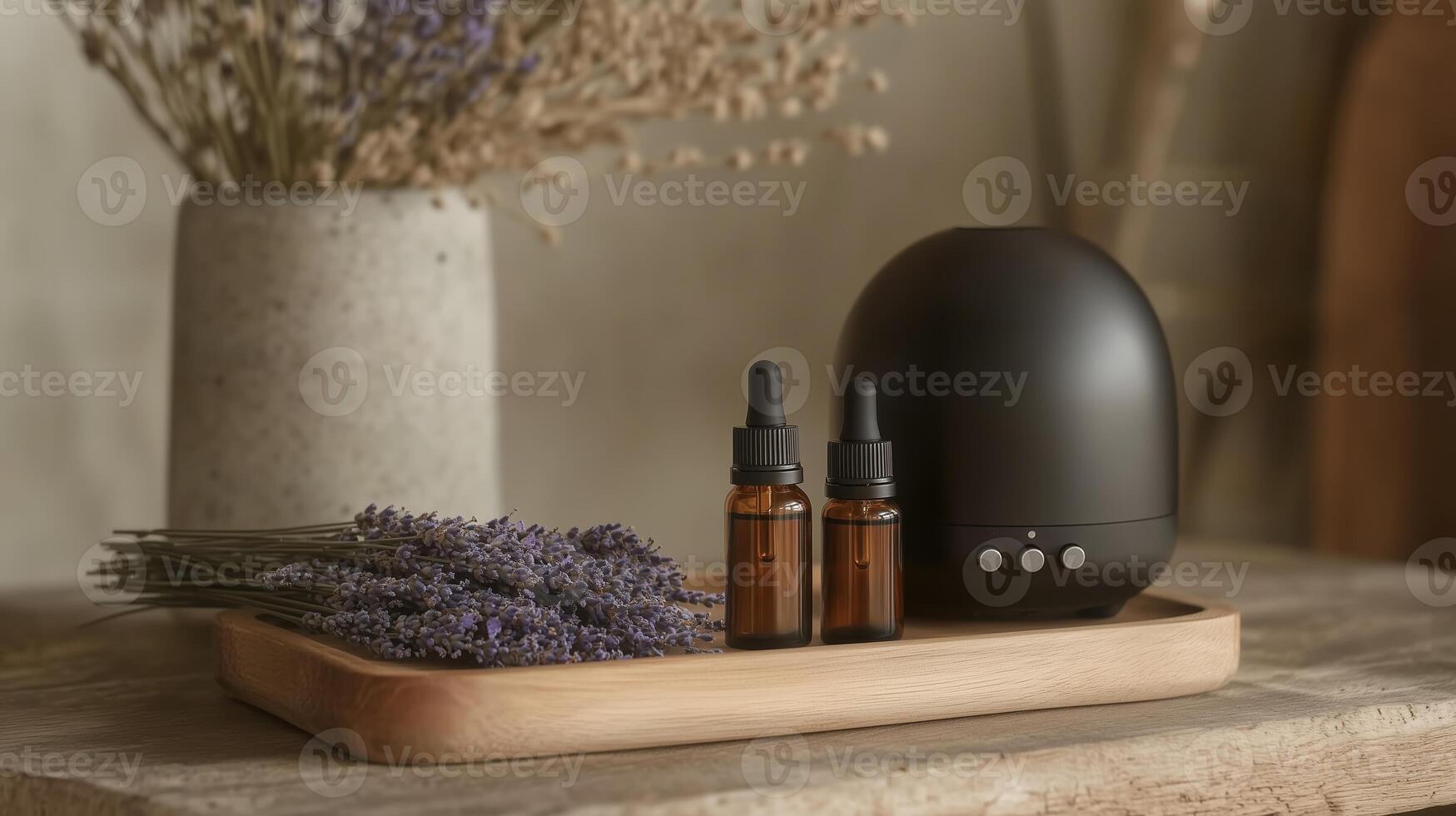 Essential oils and diffuser arranged on a wooden tray with lavender in a cozy home setting photo