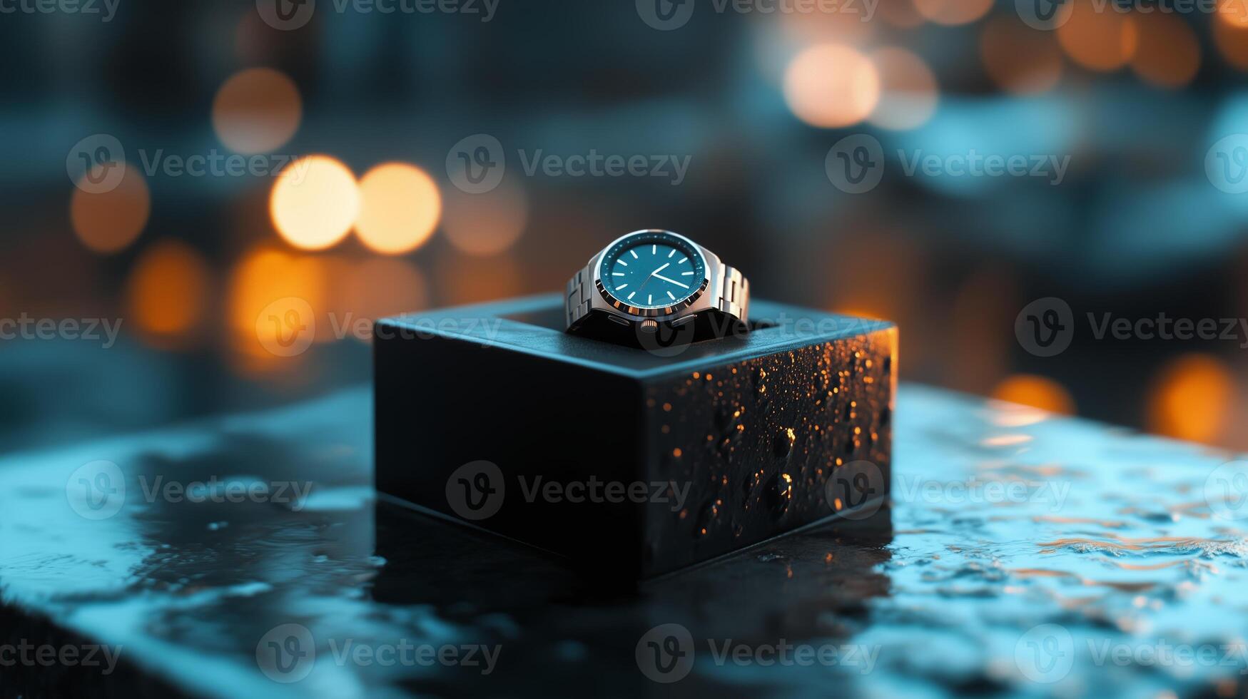 Elegant watch resting on a wet surface with blurred city lights in the background during evening photo