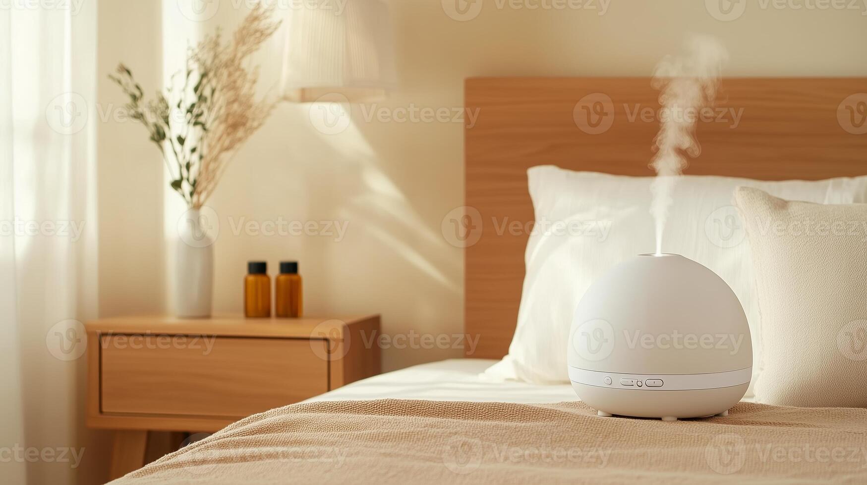 Relaxing bedroom with essential oil diffuser creating a serene atmosphere during afternoon sunlight photo