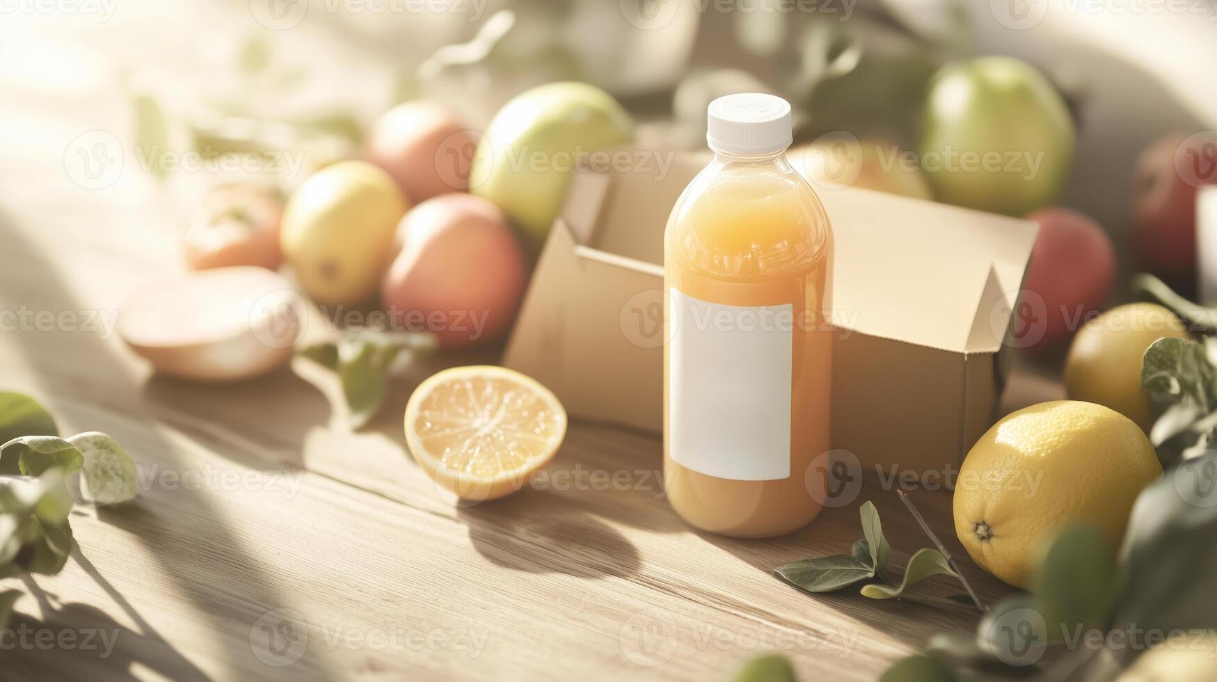 Fresh juice bottle surrounded by colorful fruits on a wooden surface in bright natural light photo