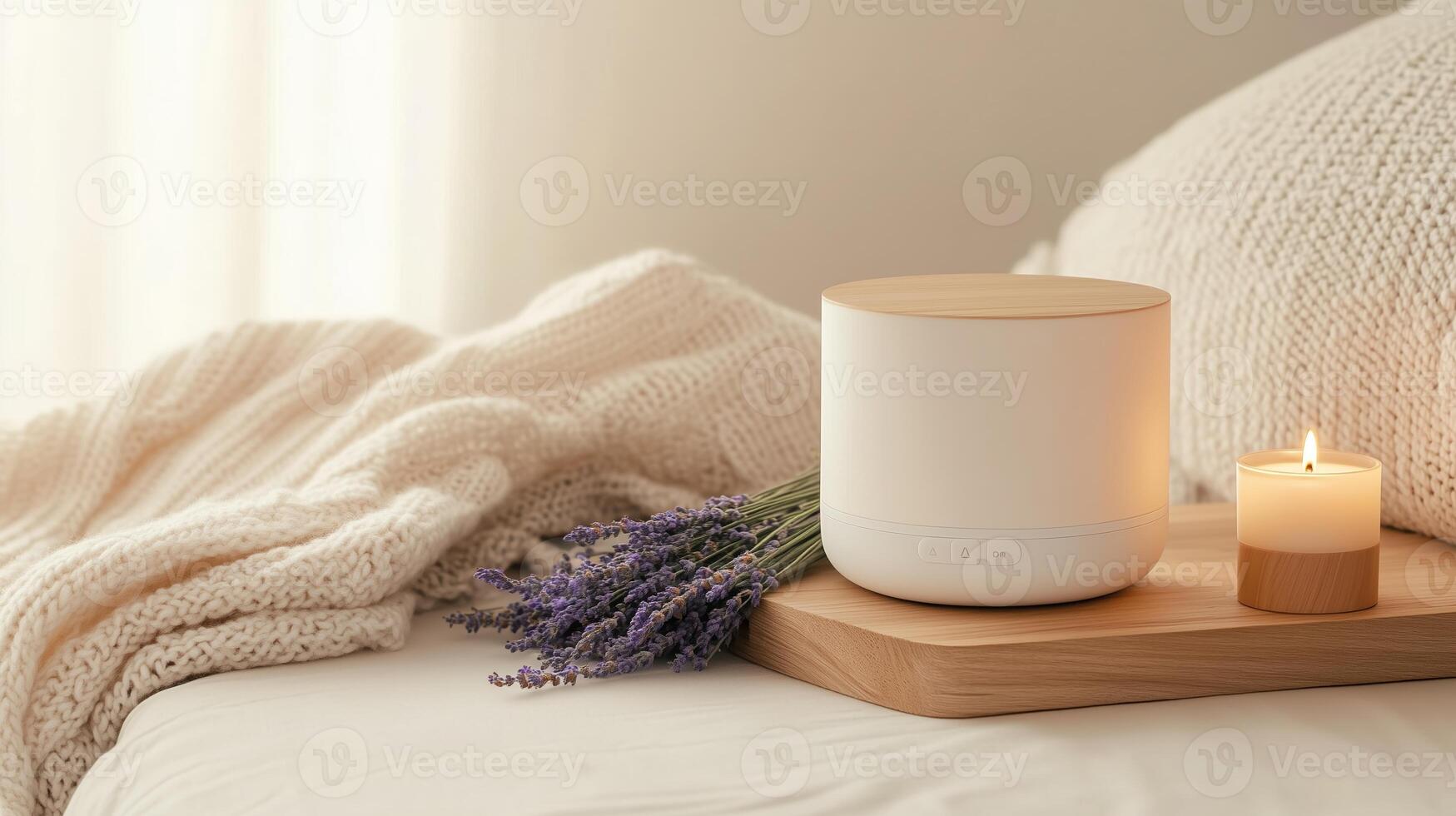 Elegant home relaxation setup featuring essential oil diffuser, lavender, and candle on cozy bed photo
