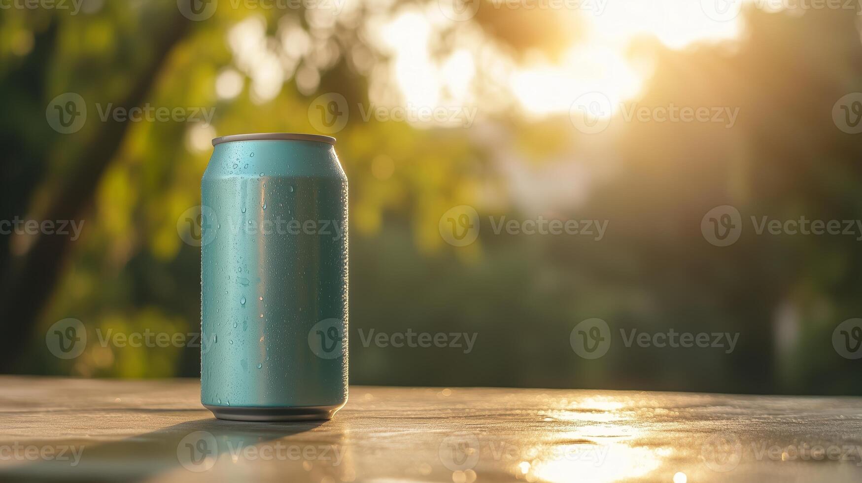 Cool drink can with condensation resting on a table during sunset in a garden setting photo