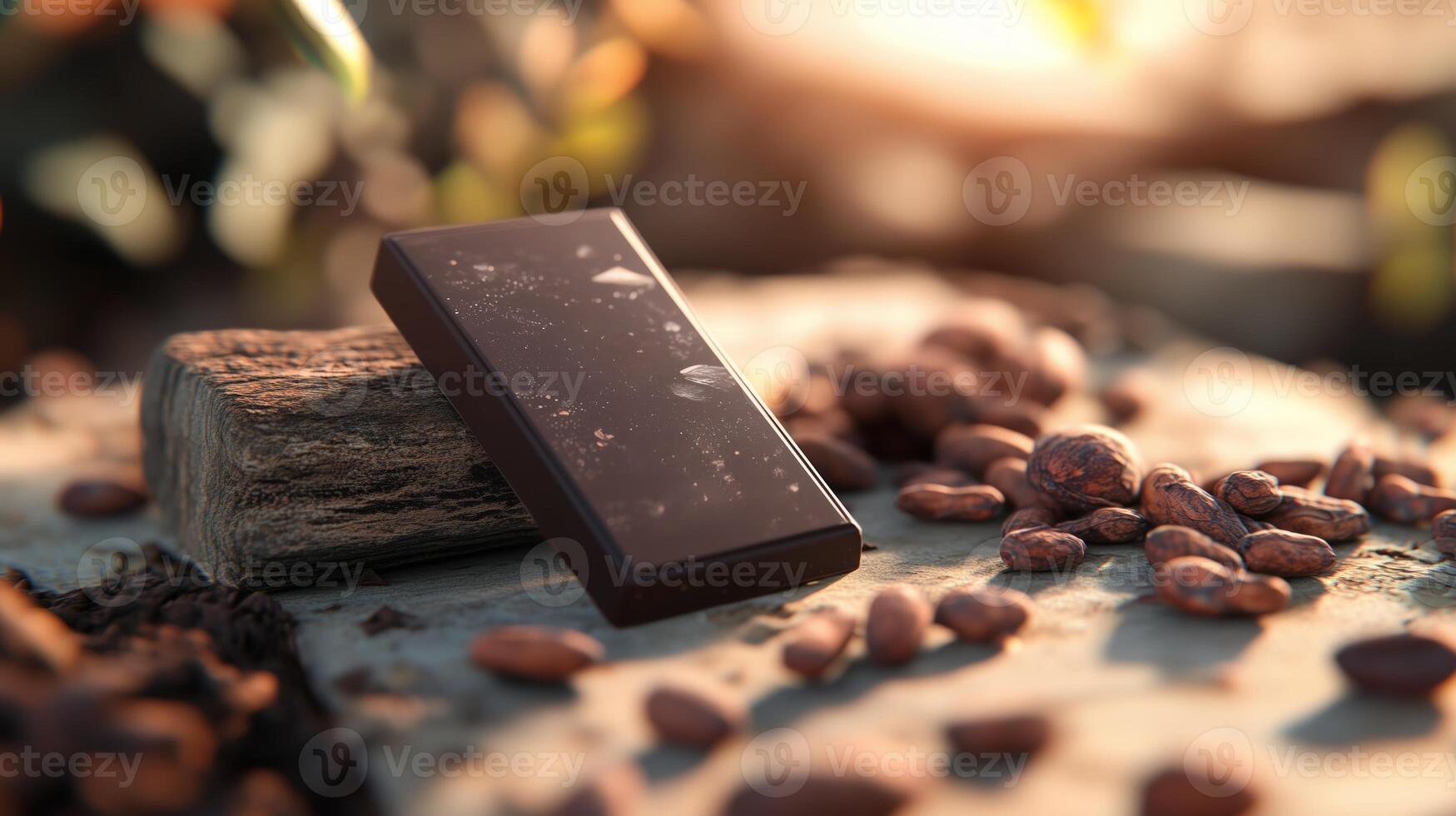 Rich dark chocolate on a rustic wooden surface surrounded by cocoa beans in warm sunlight during afternoon photo