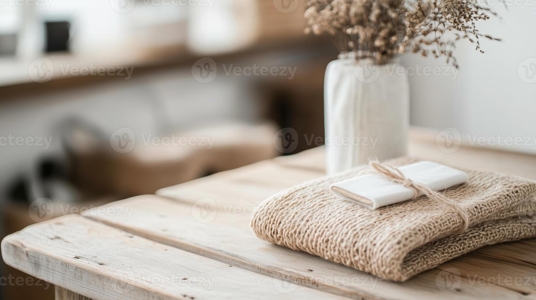 Cozy arrangement featuring woven textile and decorative vase on rustic wooden table in a serene indoor space photo