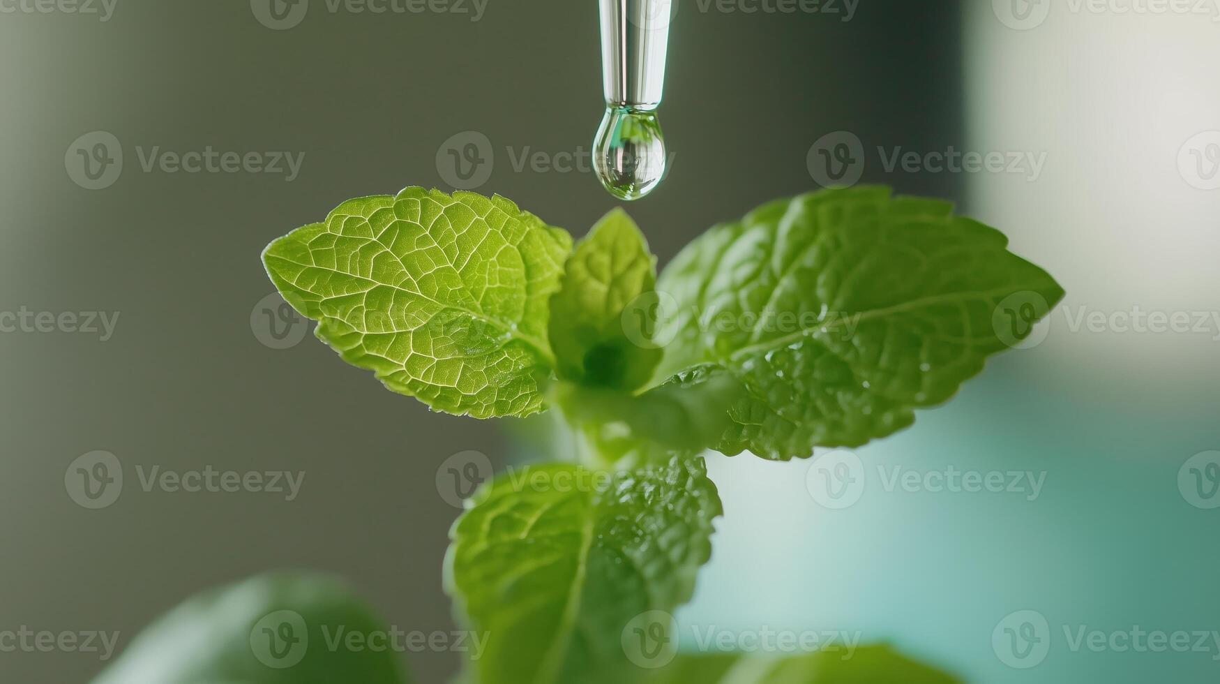 Fresh water droplet falls onto vibrant mint leaves in a botanical setting on a sunny day photo