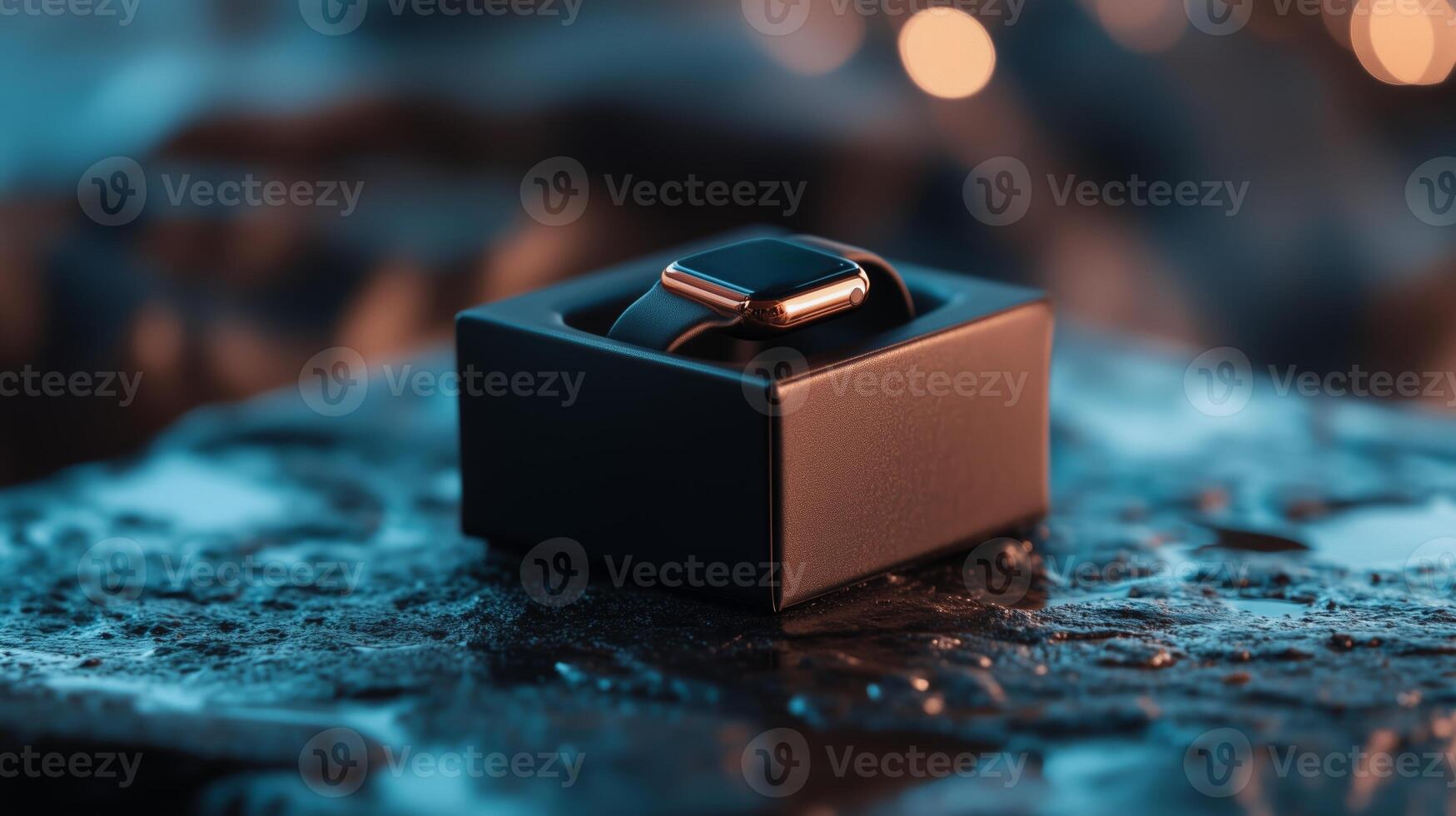 Elegant smartwatch displayed in a sleek black box on a textured surface with soft lighting in the background photo