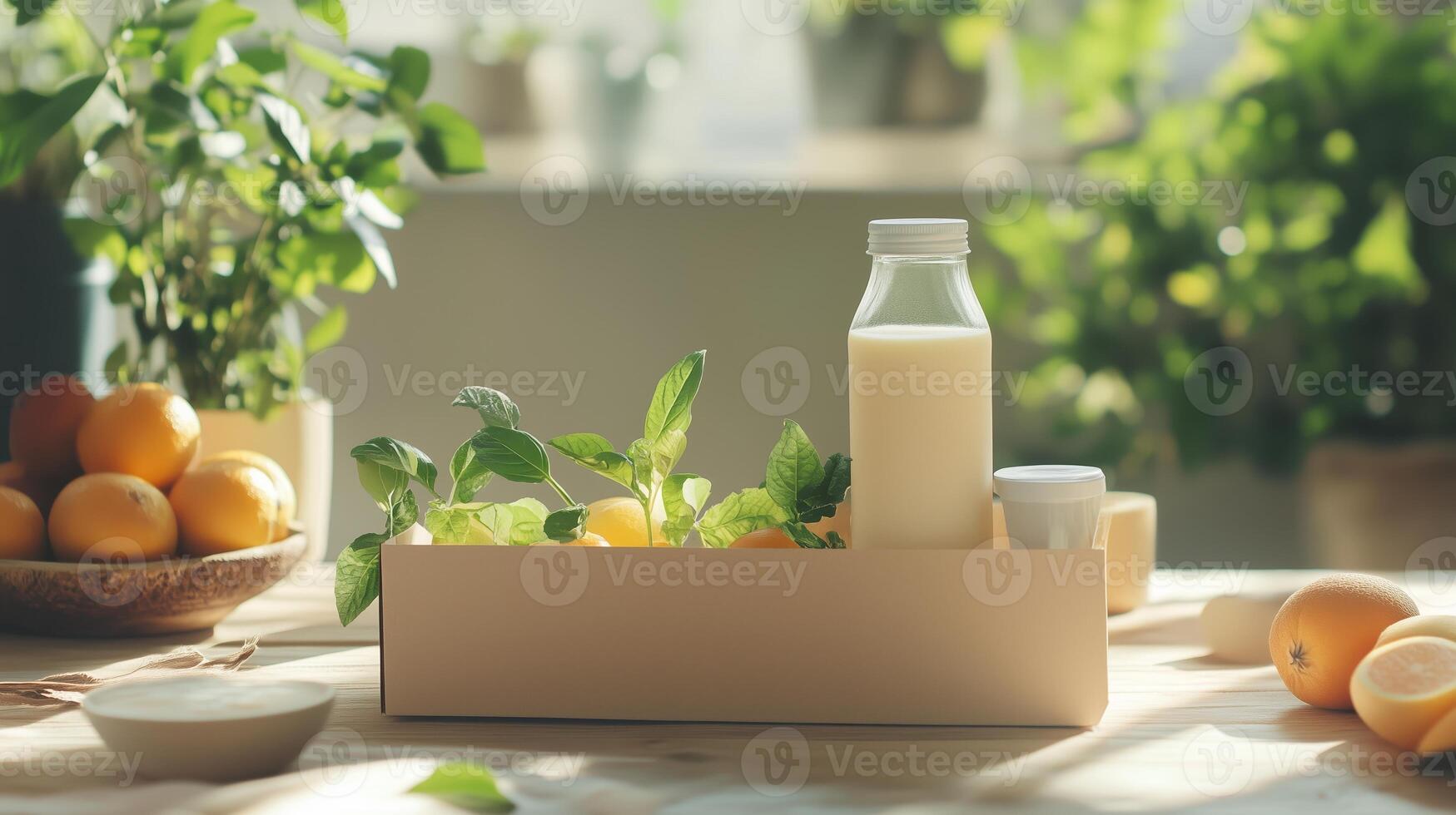 Fresh ingredients and natural light create a vibrant kitchen setting with citrus and herbs photo