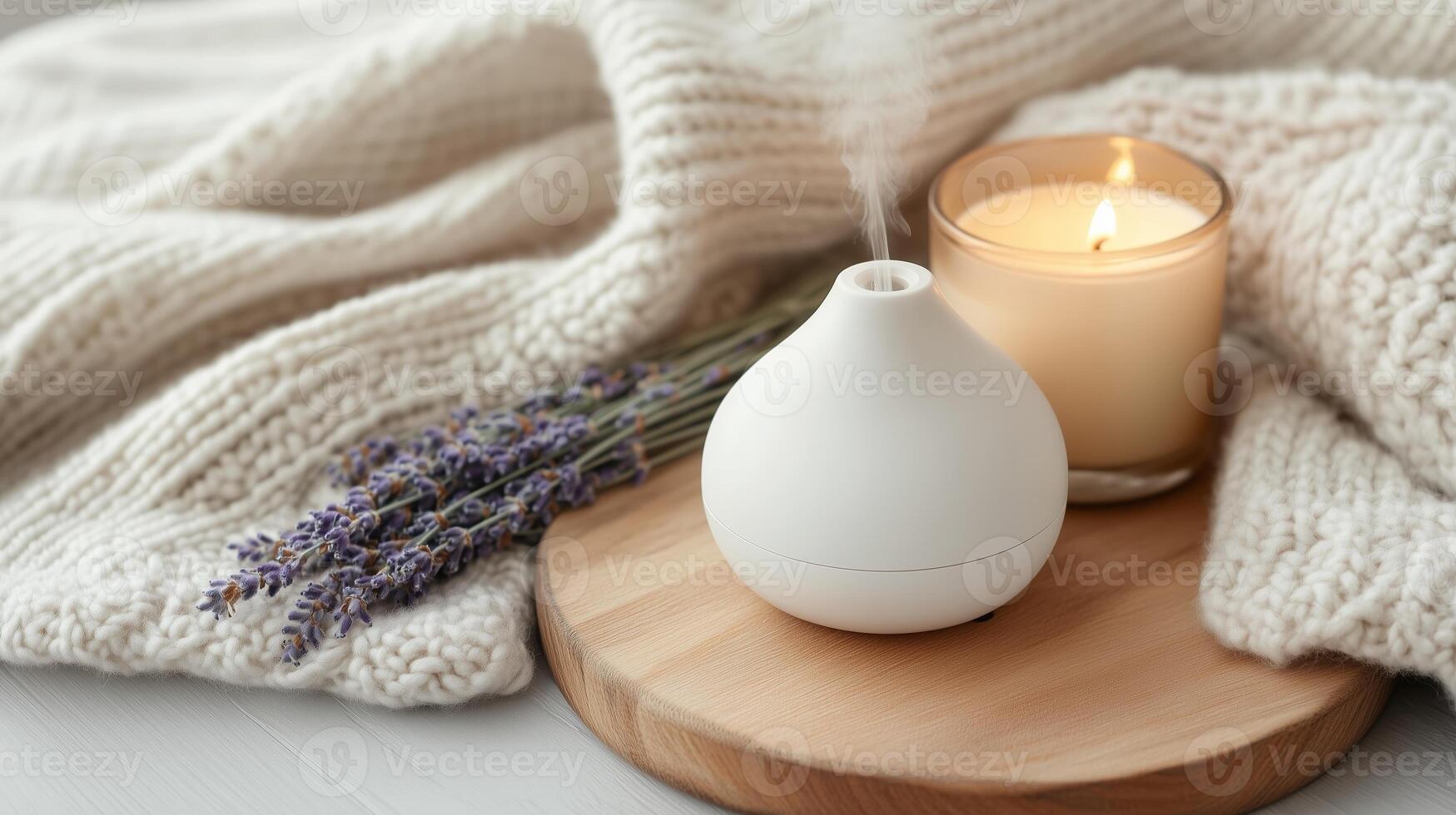 Home relaxation setting featuring essential oil diffuser, lit candle, and lavender sprigs on a cozy knitted blanket photo