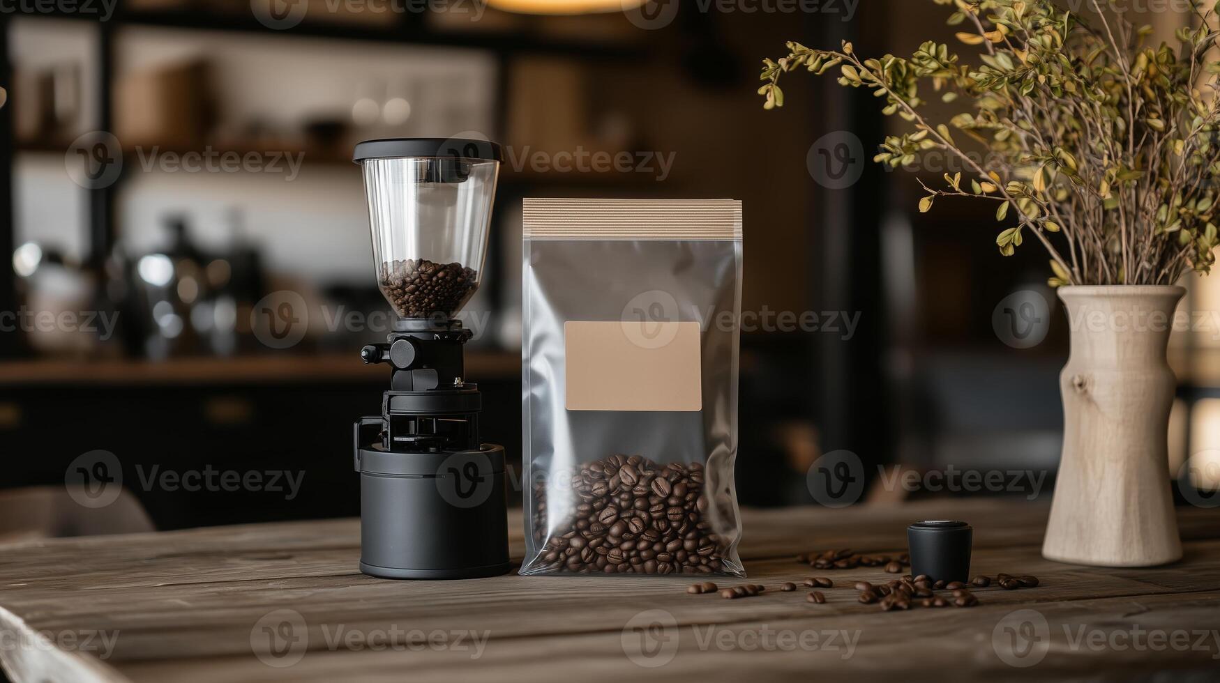 Elegant coffee grinder and freshly packed coffee beans on a rustic wooden table in a cozy cafe kitchen photo