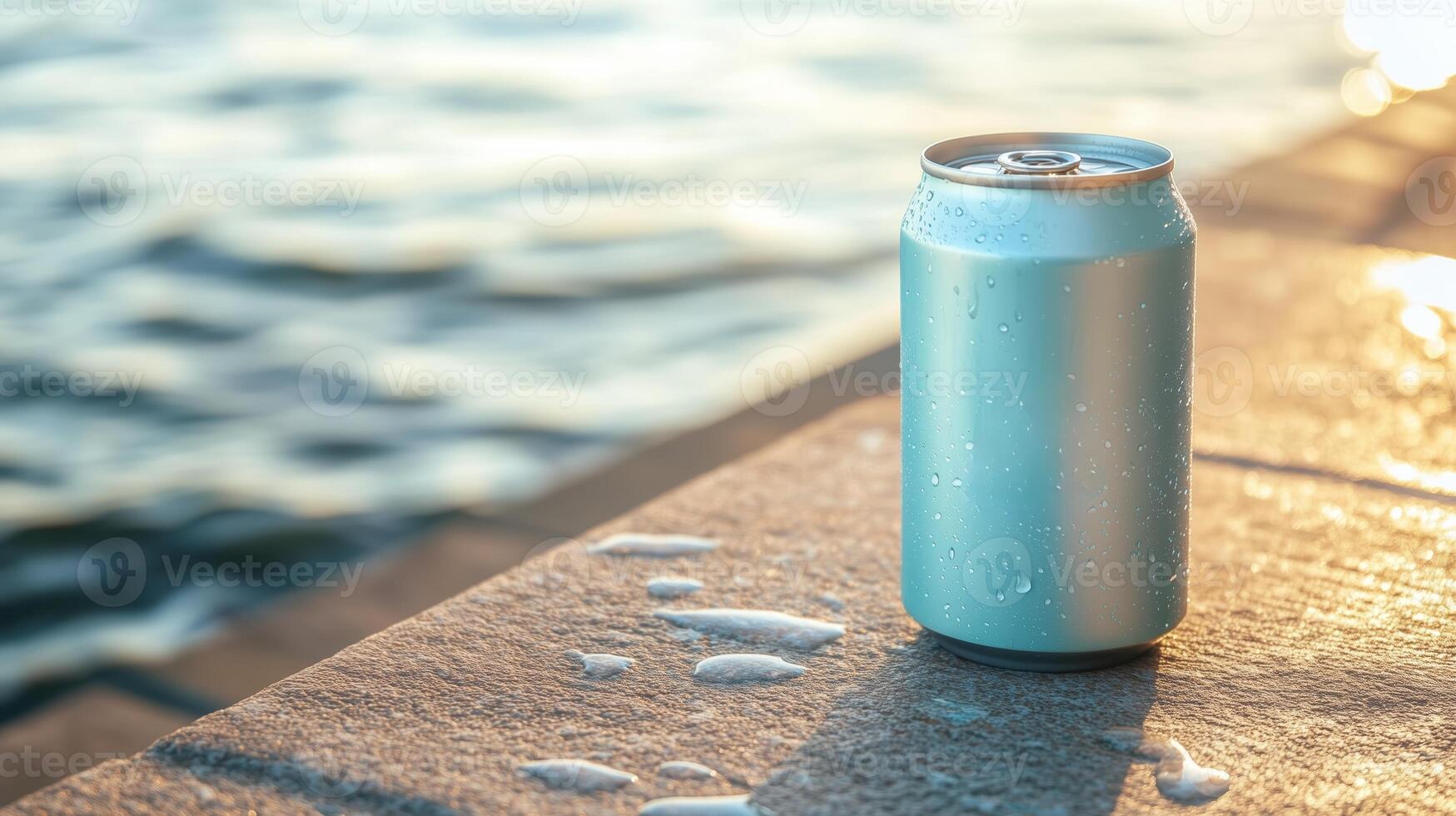 Refreshing beverage on a sunny afternoon by the water's edge at a lakeside dock photo