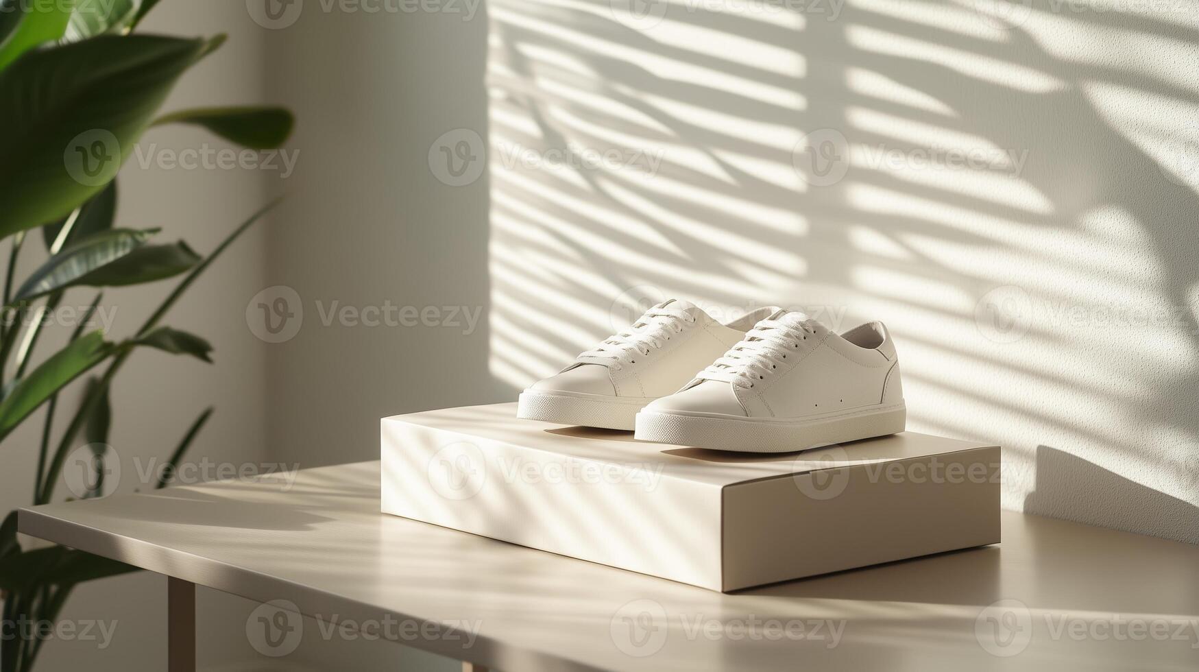 New white sneakers displayed on a beige box with natural light and shadow patterns in a modern interior setting photo