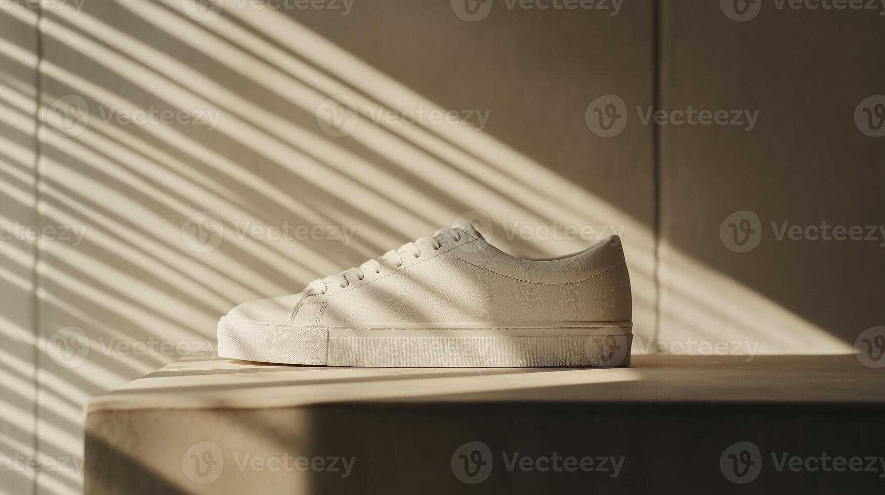 Elegant white sneaker showcased in sunlight with striking shadow patterns on a stone surface in a minimalist setting photo