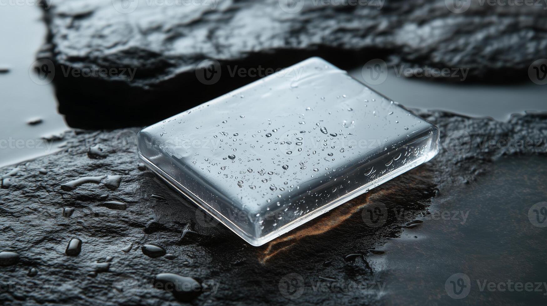 Clear soap bar sitting on wet rock surface with droplets sparkling in the light near a natural water source photo
